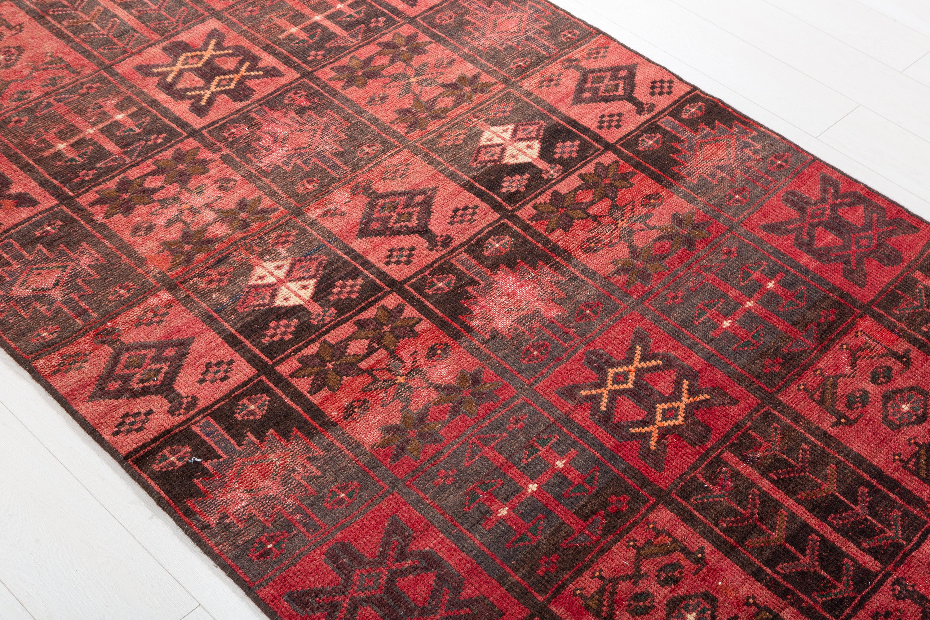 Collectible Vintage Faded Pinkish Red Compartment Design Area Rug – 6' 6" x 4' 0" (197 x 121 cm)