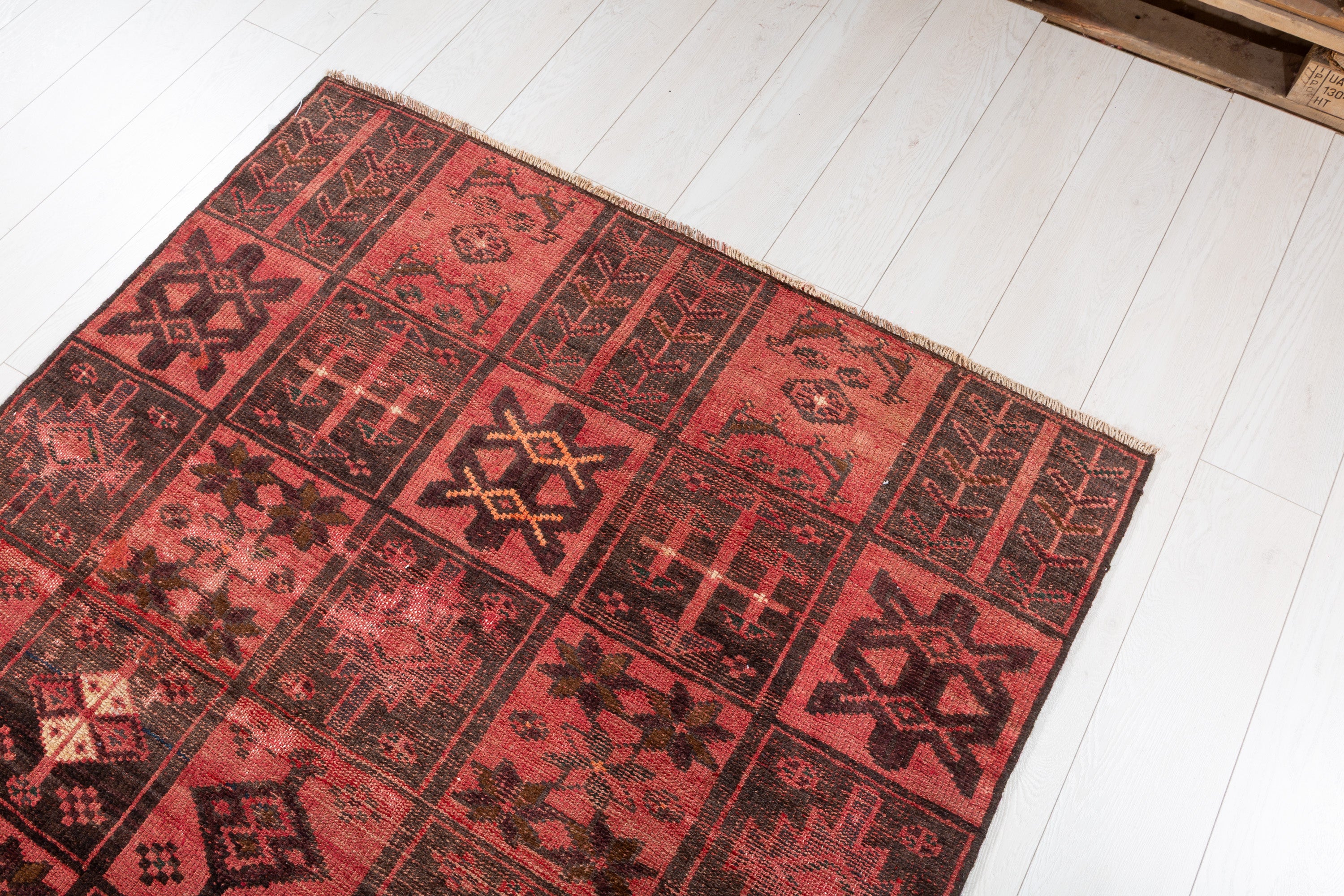 Collectible Vintage Faded Pinkish Red Compartment Design Area Rug – 6' 6" x 4' 0" (197 x 121 cm)