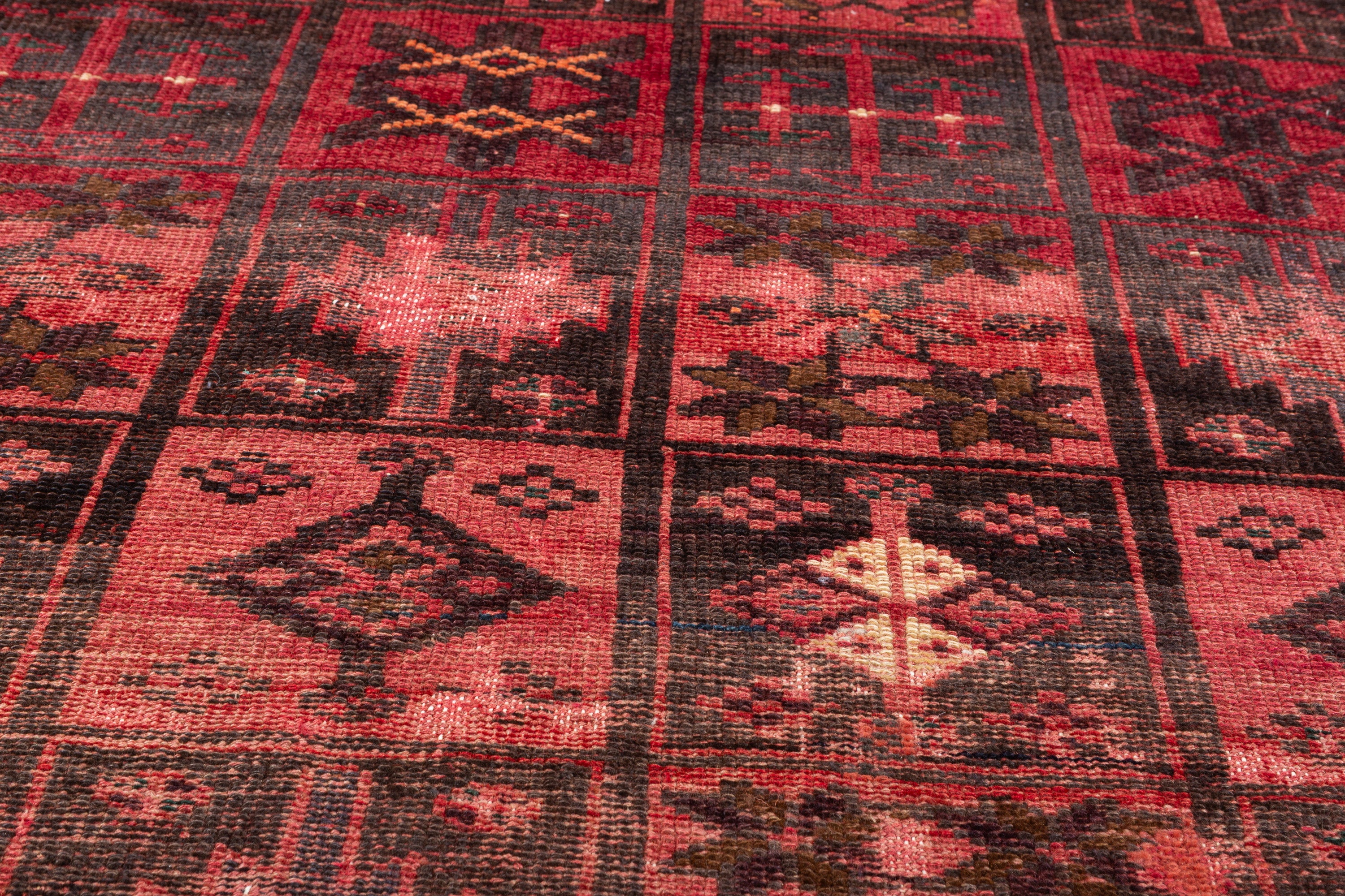 Collectible Vintage Faded Pinkish Red Compartment Design Area Rug – 6' 6" x 4' 0" (197 x 121 cm)