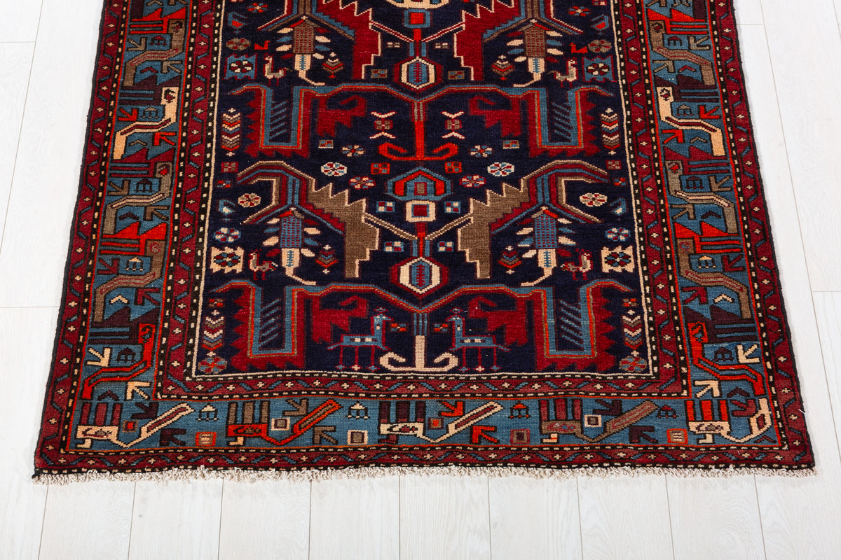Collectible Vintage Navy Blue, Red Animal Motif Area Rug – 6' 11" x 4' 2" (212 x 127 cm)