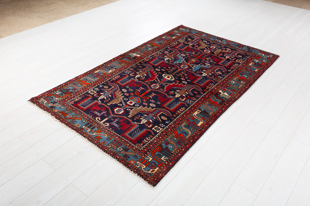 Collectible Vintage Navy Blue, Red Animal Motif Area Rug – 6' 11" x 4' 2" (212 x 127 cm)