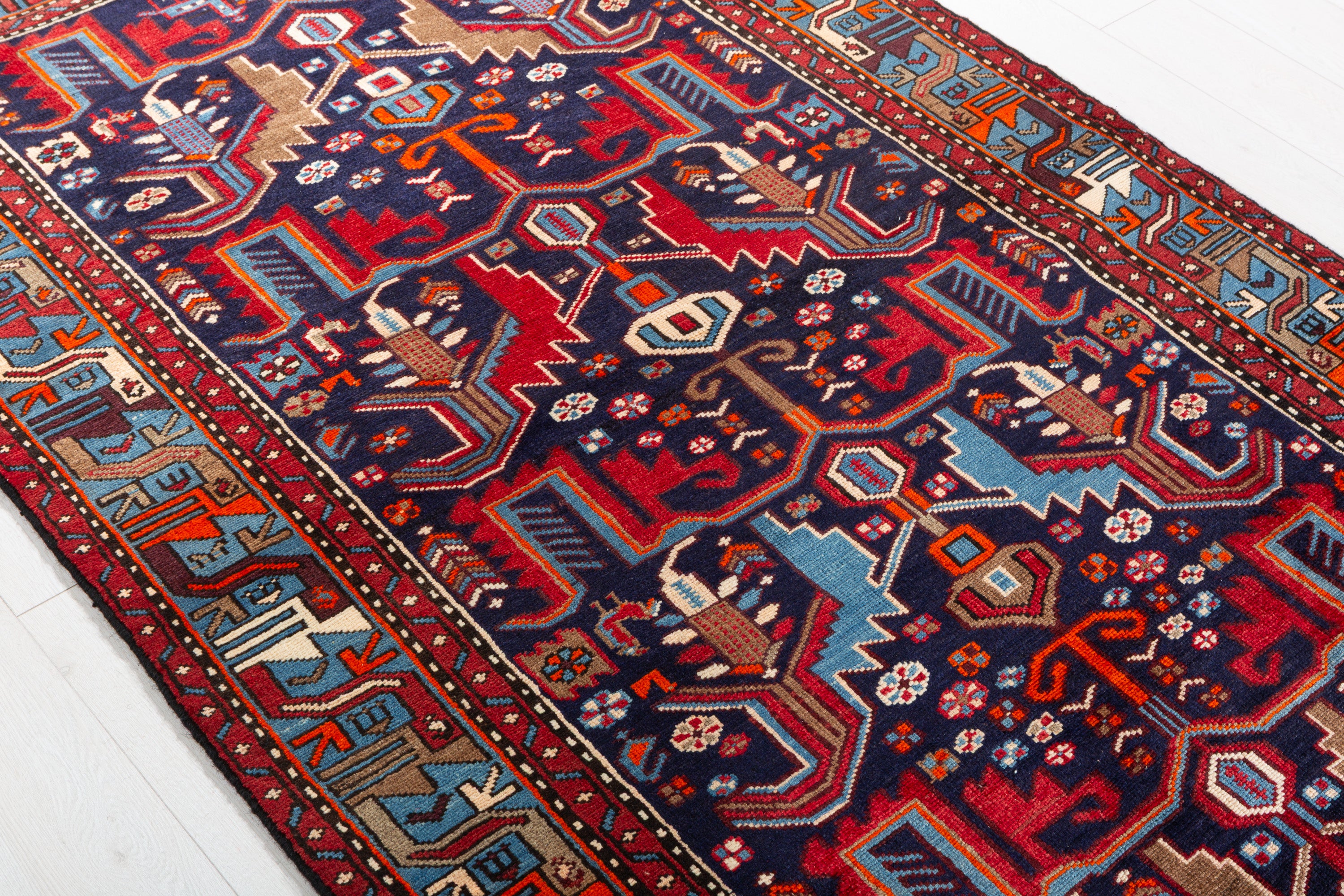 Collectible Vintage Navy Blue, Red Animal Motif Area Rug – 6' 11" x 4' 2" (212 x 127 cm)