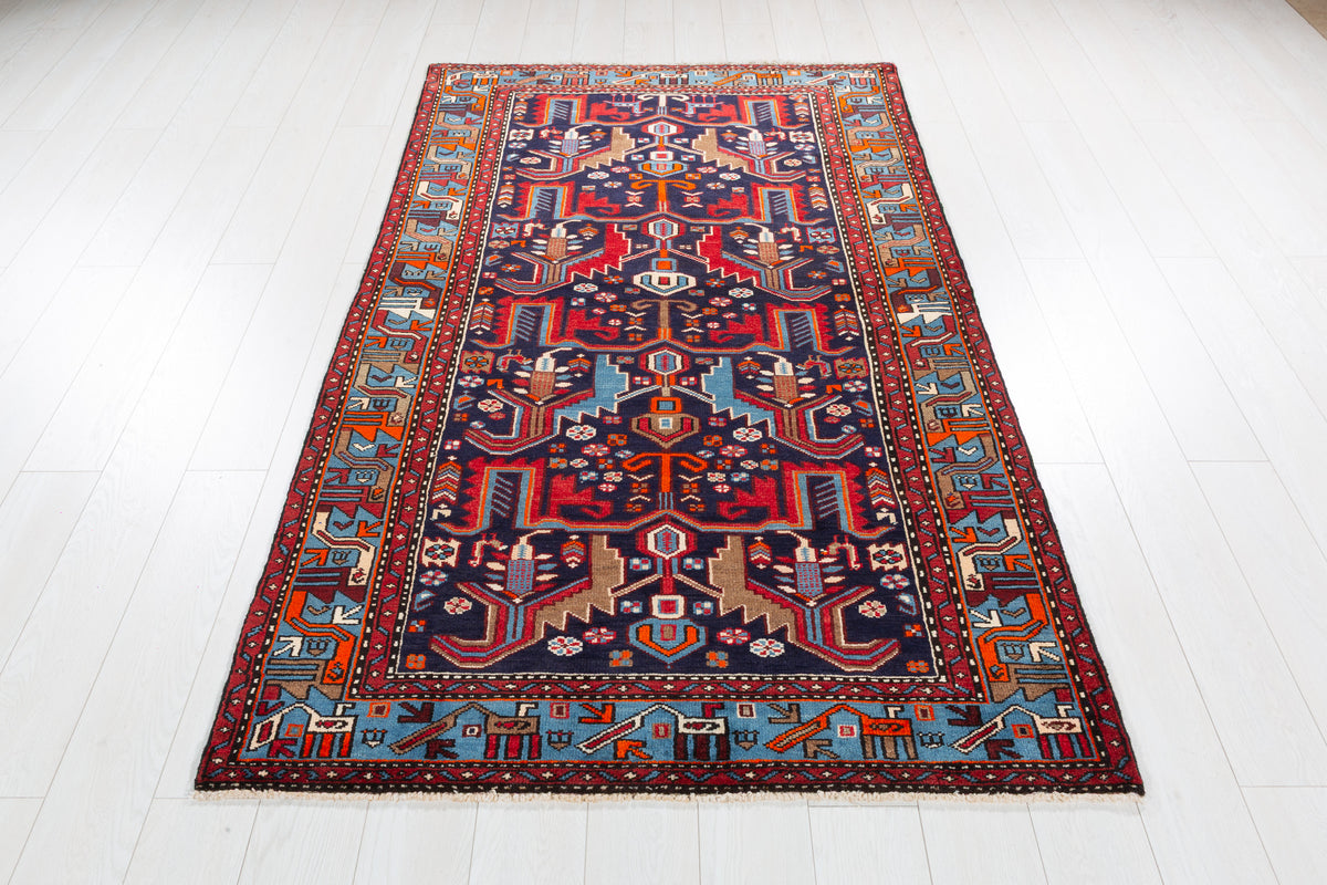 Collectible Vintage Navy Blue, Red Animal Motif Area Rug – 6' 11" x 4' 2" (212 x 127 cm)