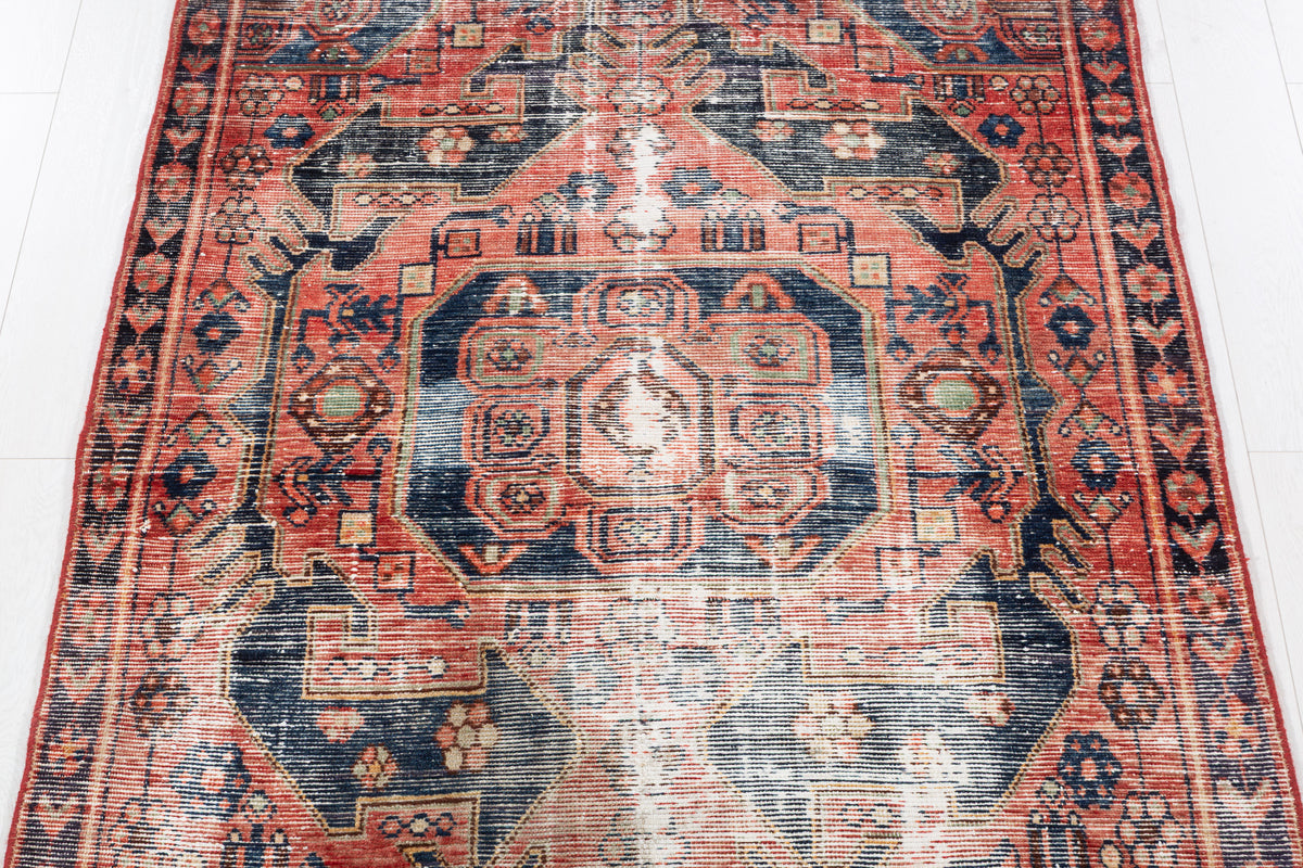 Collectible Vintage Faded Red, Navy Blue Distressed Floral Medallion Area Rug – 6' 5" x 4' 3" (195 x 130 cm)