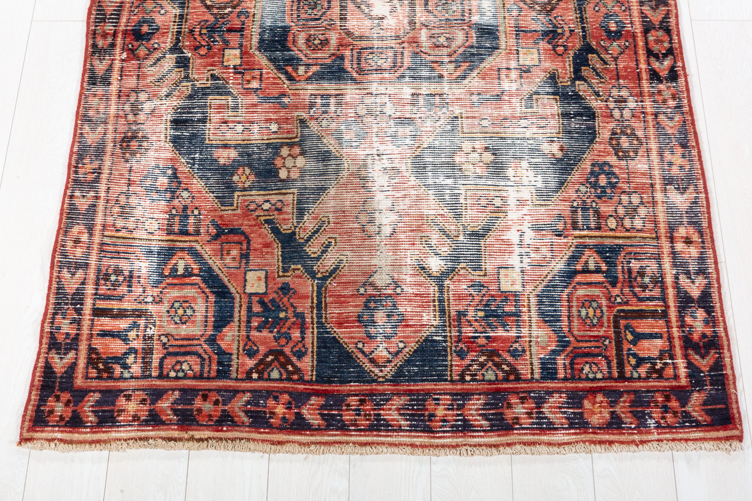 Collectible Vintage Faded Red, Navy Blue Distressed Floral Medallion Area Rug – 6' 5" x 4' 3" (195 x 130 cm)