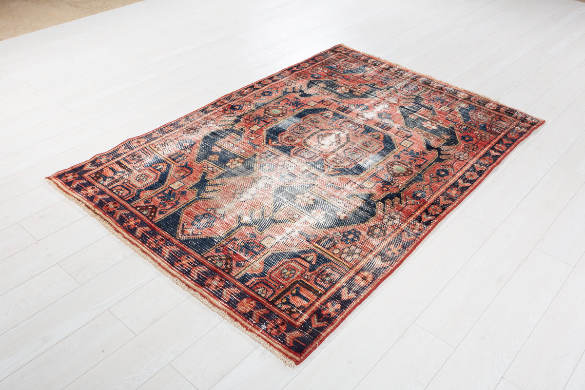 Collectible Vintage Faded Red, Navy Blue Distressed Floral Medallion Area Rug – 6' 5" x 4' 3" (195 x 130 cm)