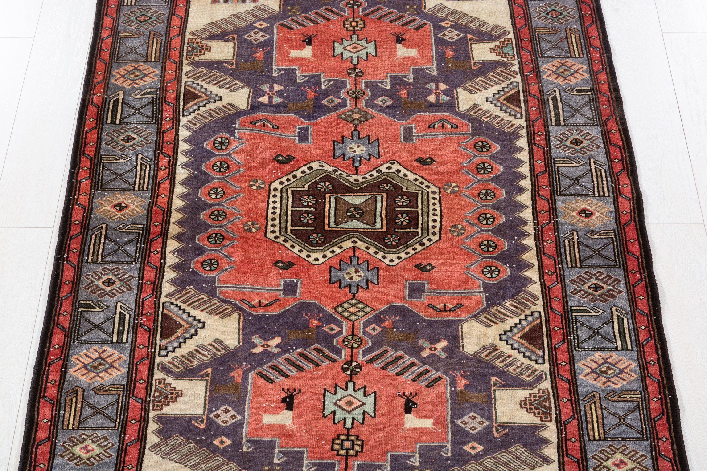 Collectible Vintage Bright Red, Blue Geometric Medallion Area Rug – 6' 6" x 4' 3" (197 x 130 cm)