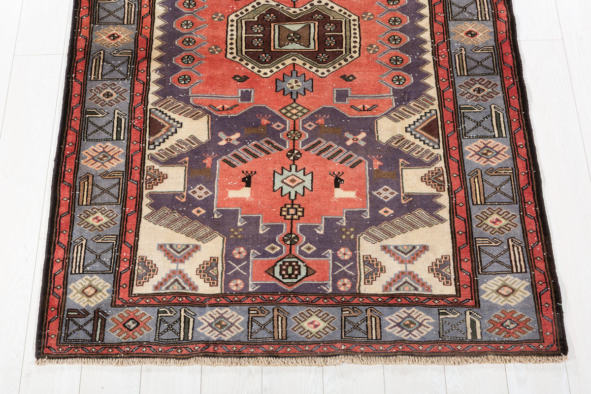 Collectible Vintage Bright Red, Blue Geometric Medallion Area Rug – 6' 6" x 4' 3" (197 x 130 cm)