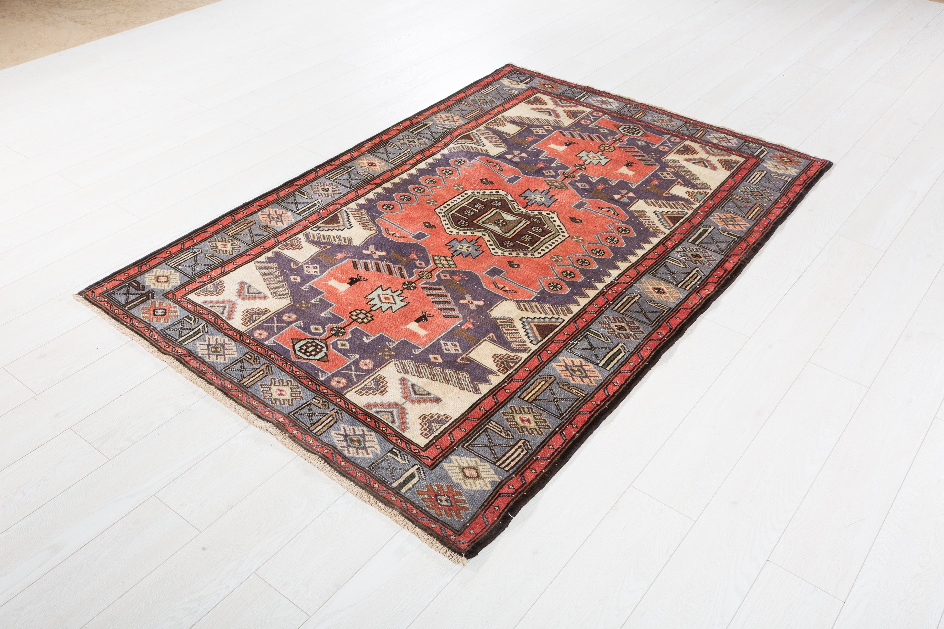 Collectible Vintage Bright Red, Blue Geometric Medallion Area Rug – 6' 6" x 4' 3" (197 x 130 cm)