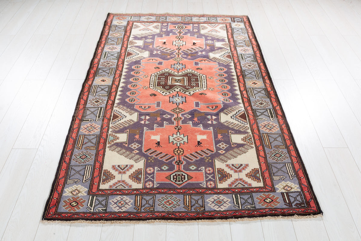 Collectible Vintage Bright Red, Blue Geometric Medallion Area Rug – 6' 6" x 4' 3" (197 x 130 cm)