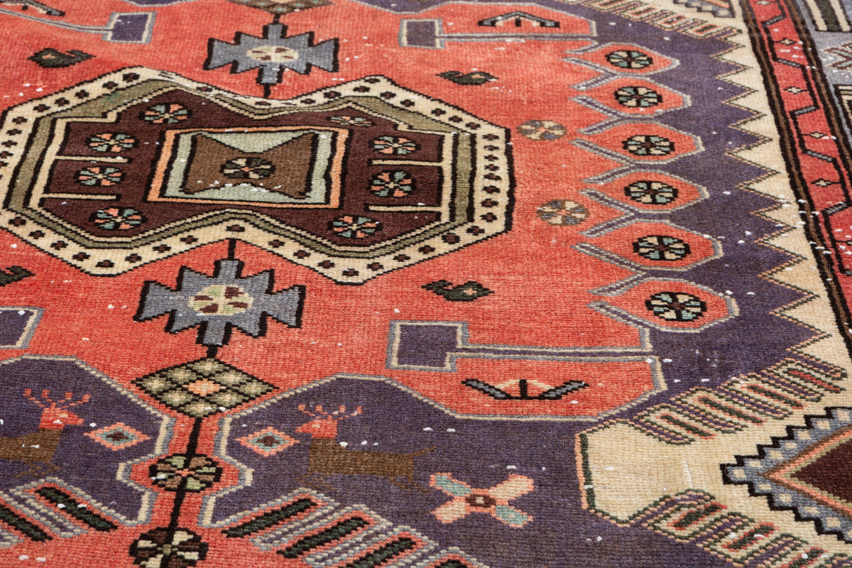 Collectible Vintage Bright Red, Blue Geometric Medallion Area Rug – 6' 6" x 4' 3" (197 x 130 cm)