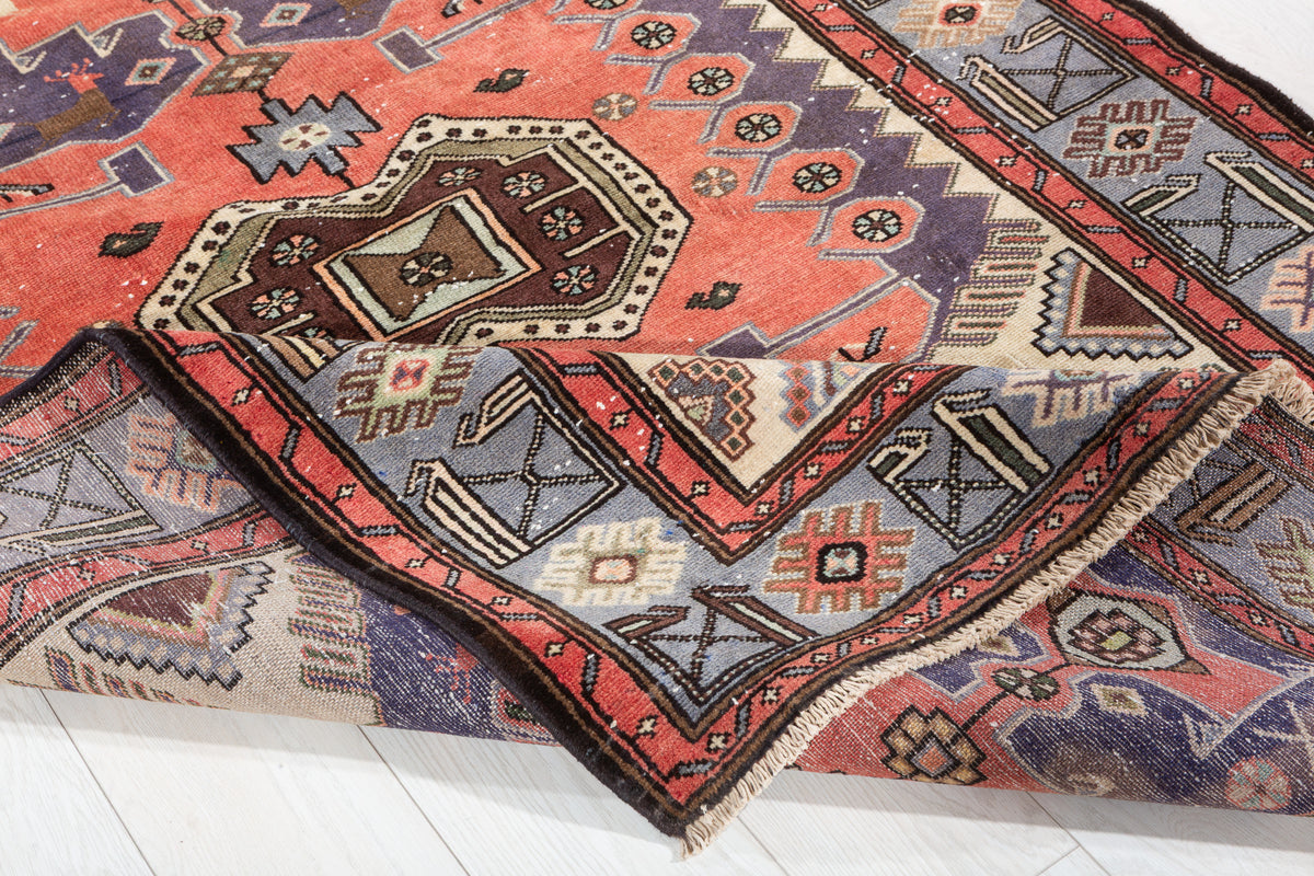 Collectible Vintage Bright Red, Blue Geometric Medallion Area Rug – 6' 6" x 4' 3" (197 x 130 cm)