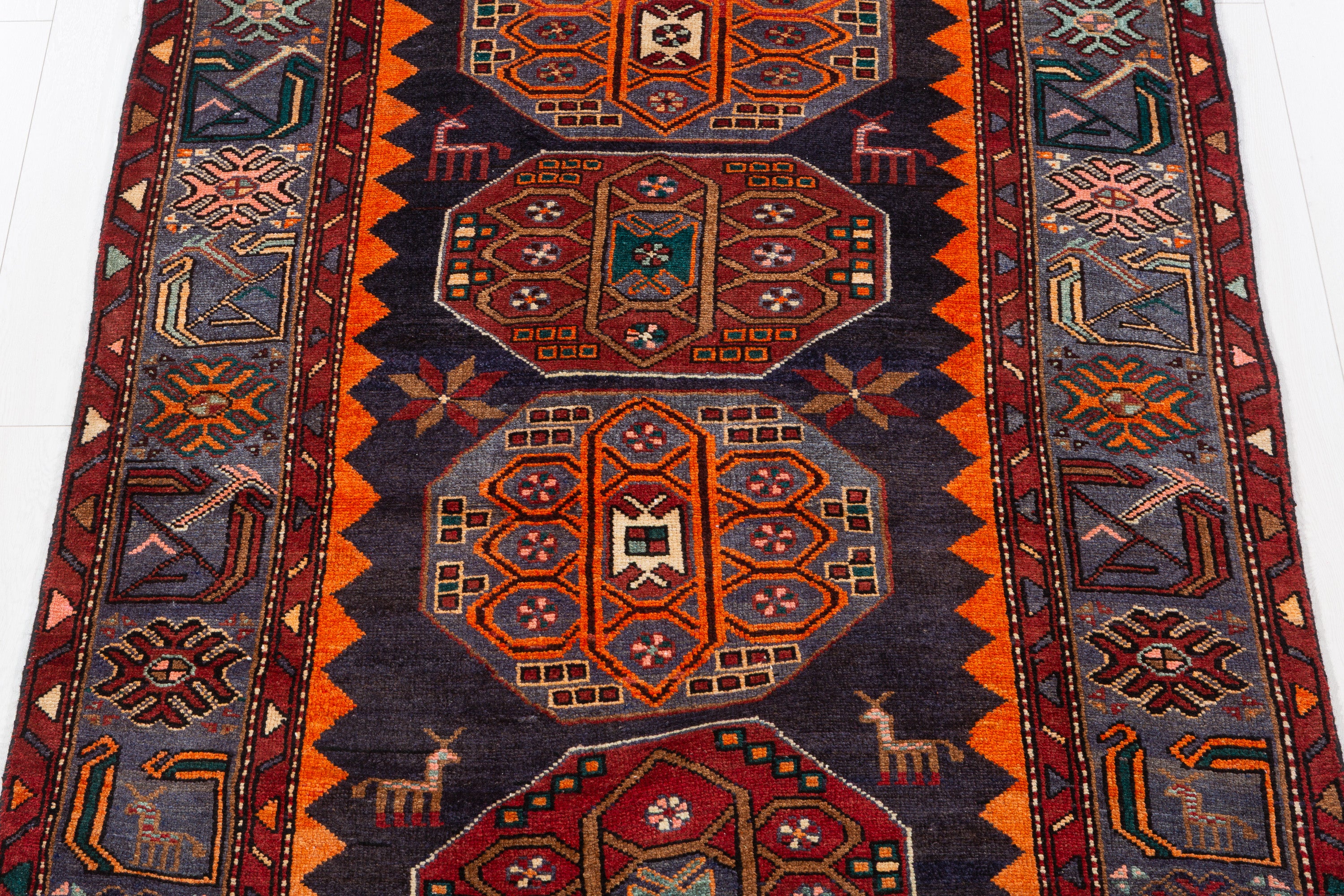 Collectible Vintage Navy Blue, Orange Triple Medallion Area Rug – 6' 9" x 4' 2" (207 x 127 cm)