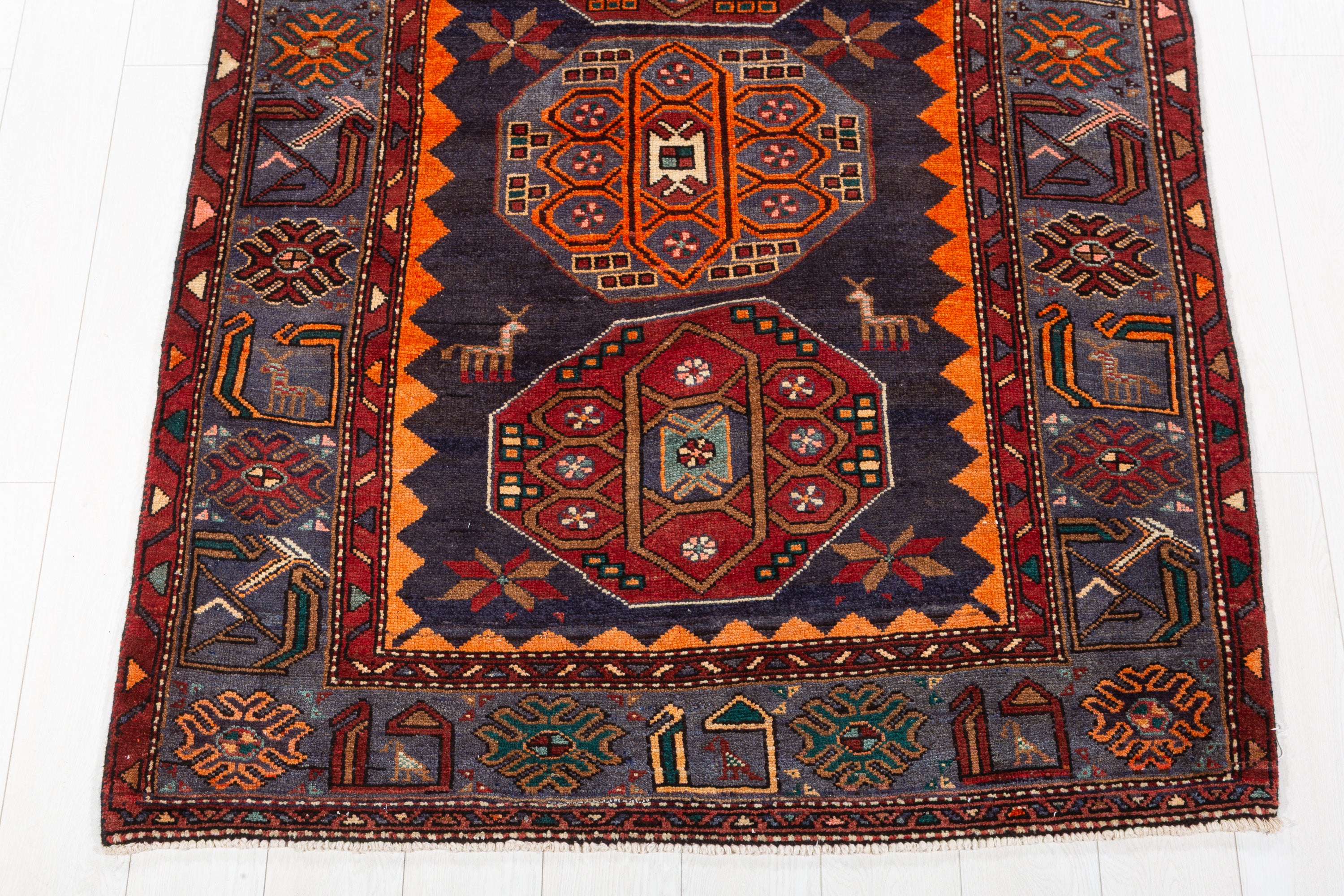 Collectible Vintage Navy Blue, Orange Triple Medallion Area Rug – 6' 9" x 4' 2" (207 x 127 cm)
