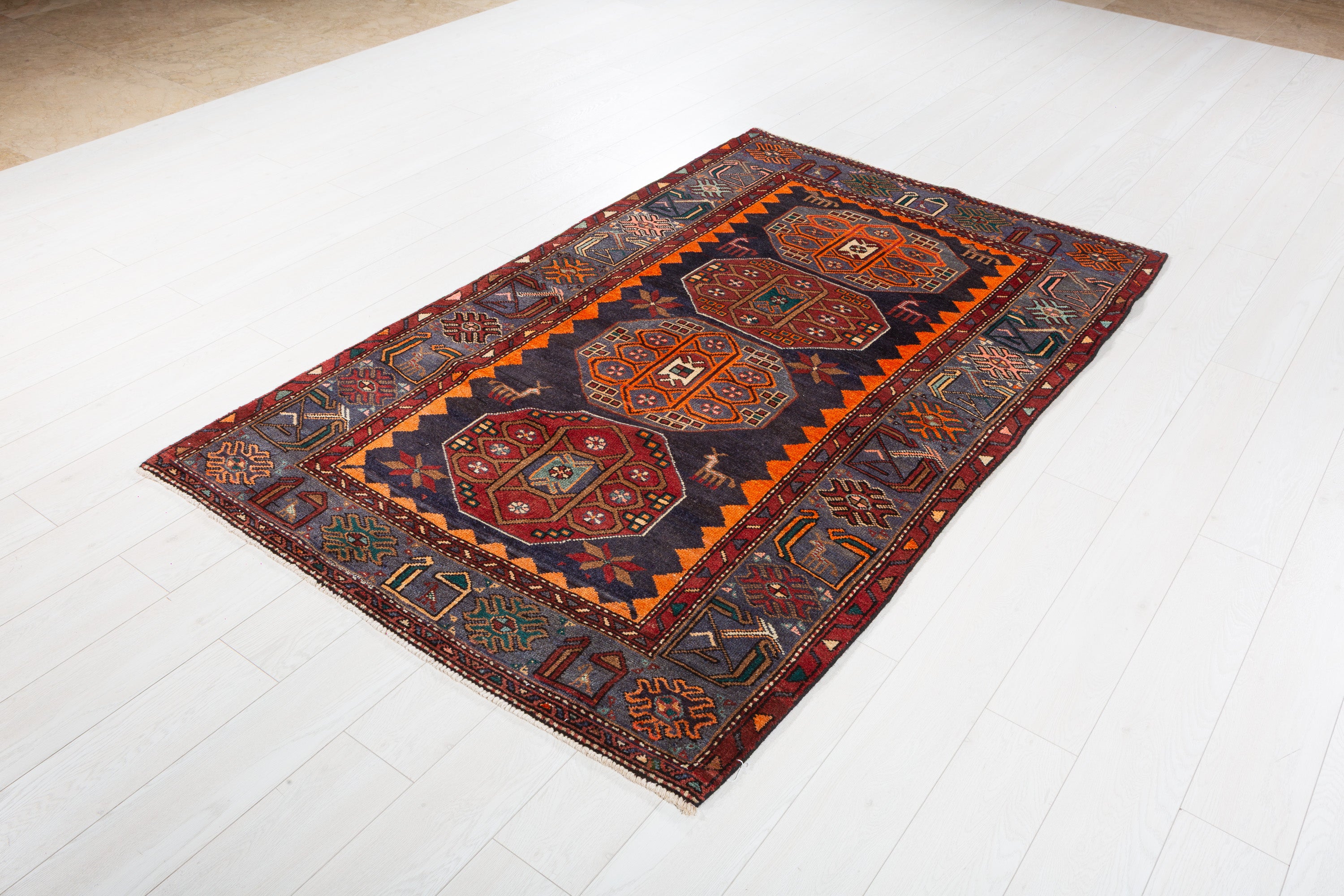 Collectible Vintage Navy Blue, Orange Triple Medallion Area Rug – 6' 9" x 4' 2" (207 x 127 cm)