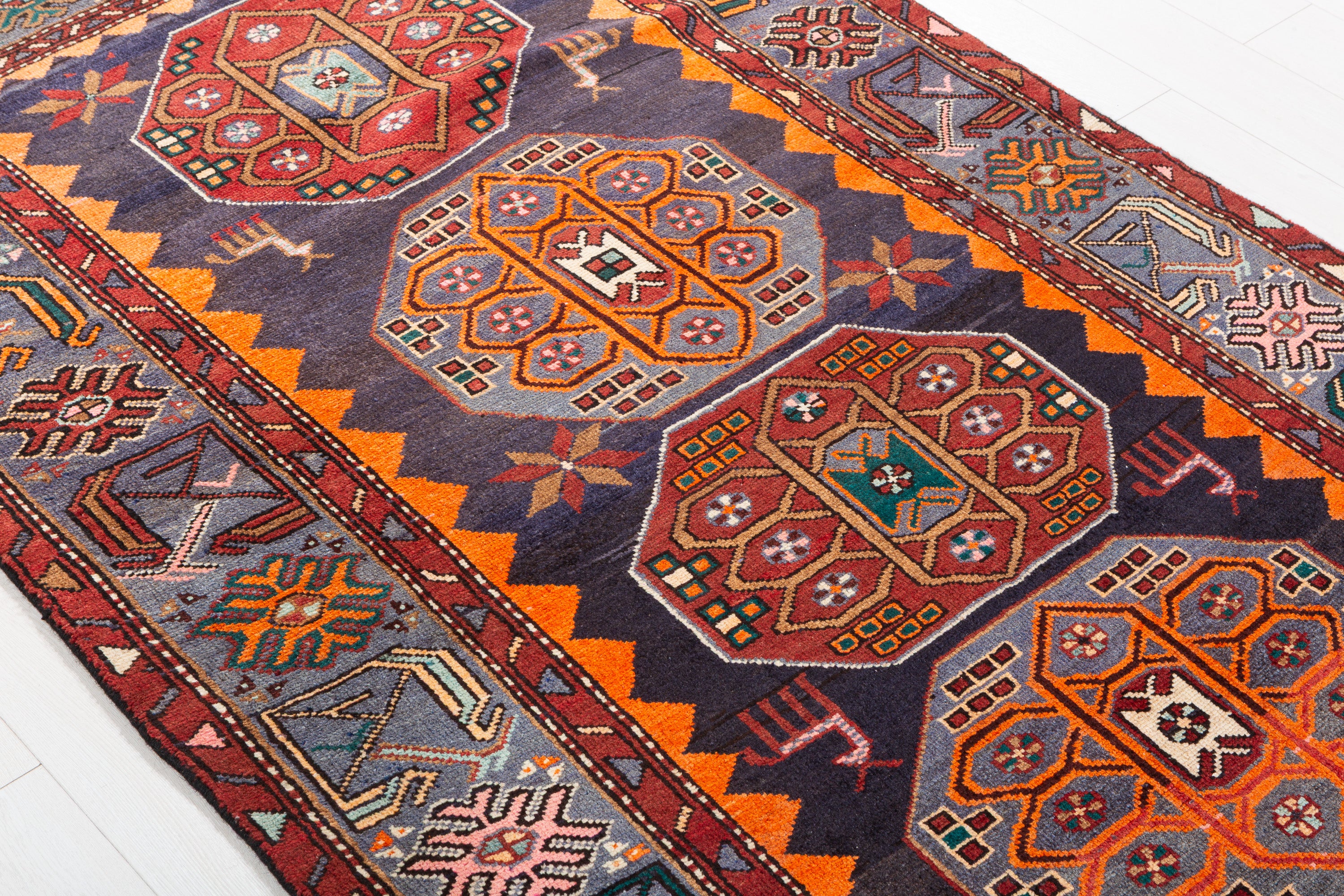 Collectible Vintage Navy Blue, Orange Triple Medallion Area Rug – 6' 9" x 4' 2" (207 x 127 cm)