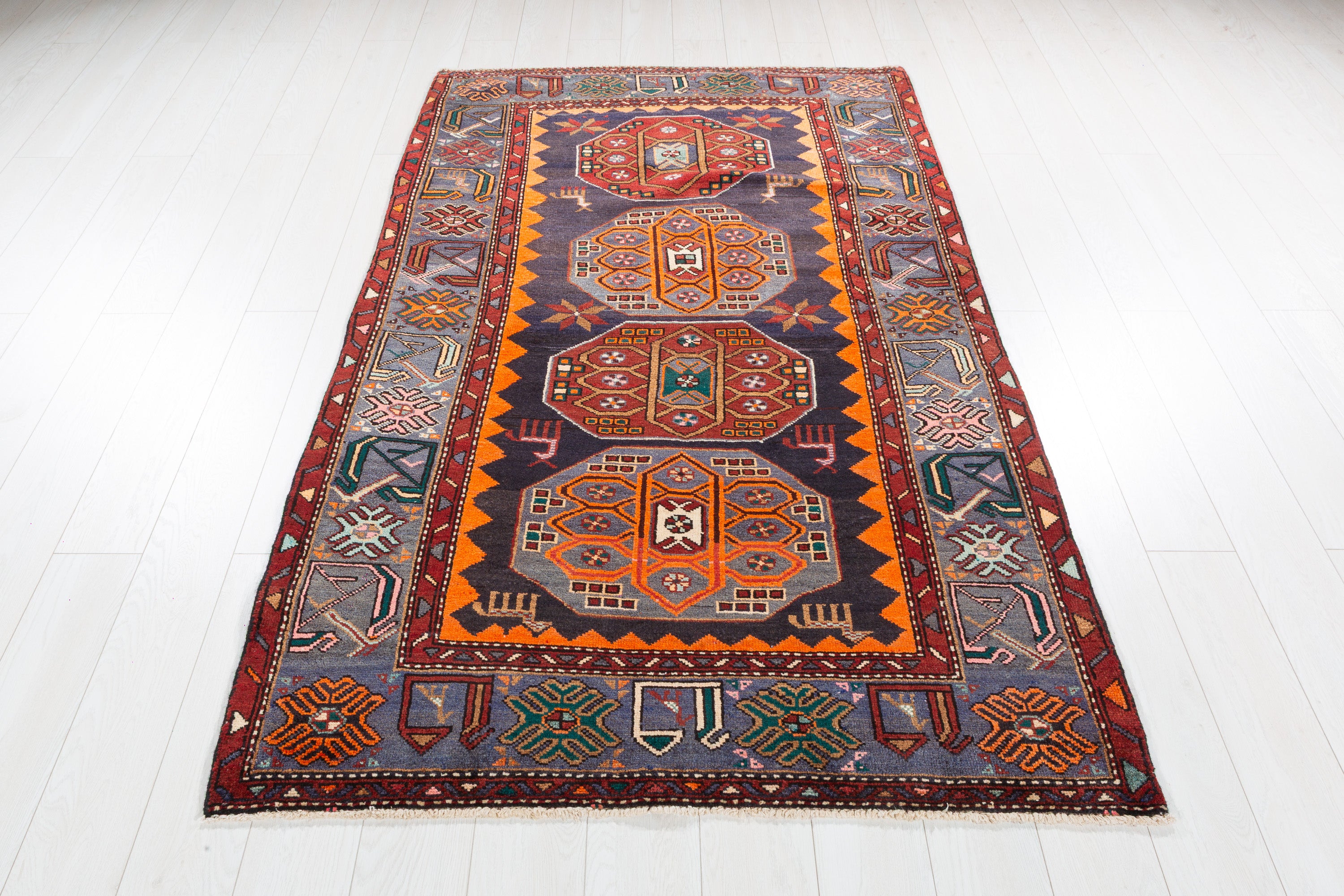 Collectible Vintage Navy Blue, Orange Triple Medallion Area Rug – 6' 9" x 4' 2" (207 x 127 cm)