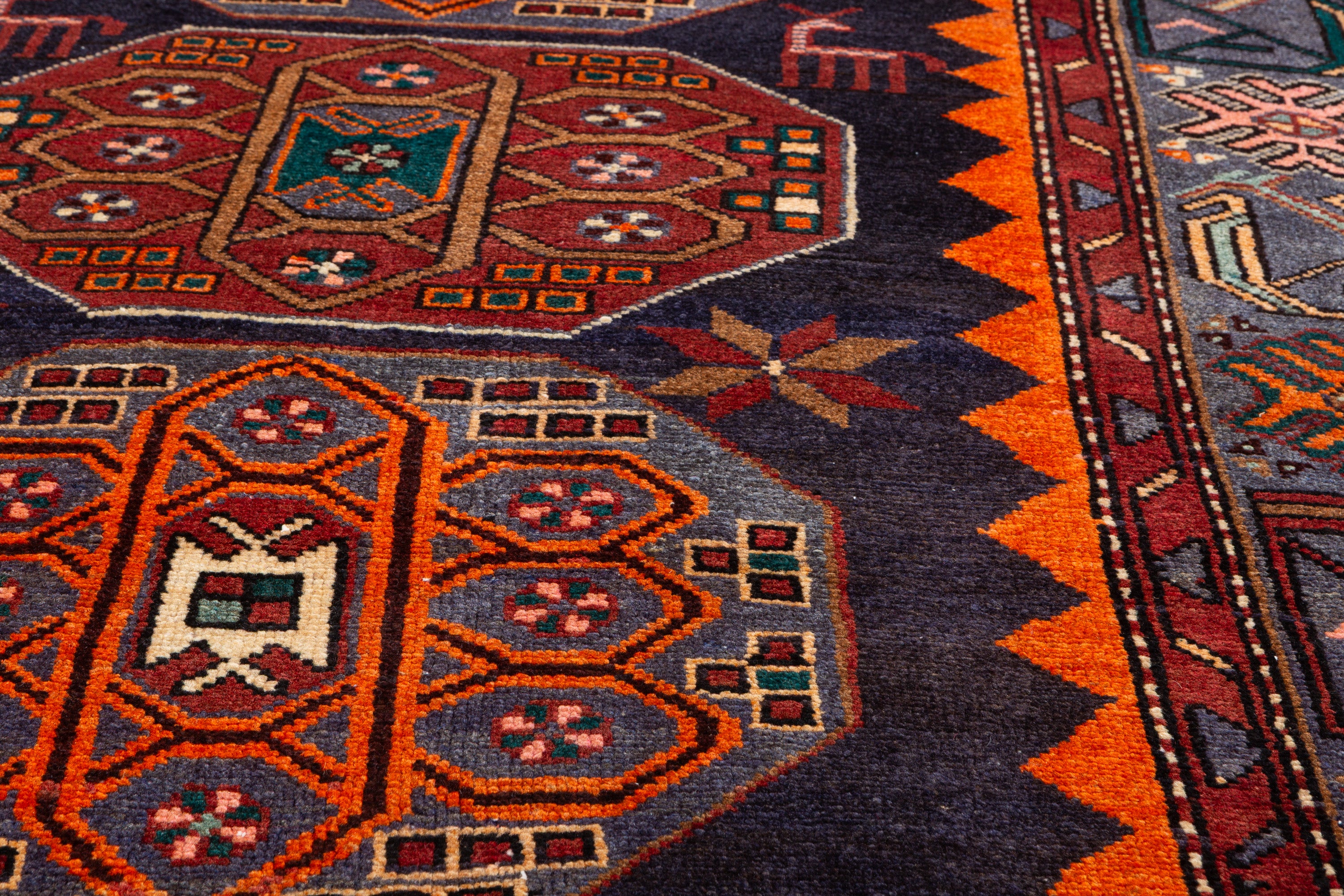 Collectible Vintage Navy Blue, Orange Triple Medallion Area Rug – 6' 9" x 4' 2" (207 x 127 cm)