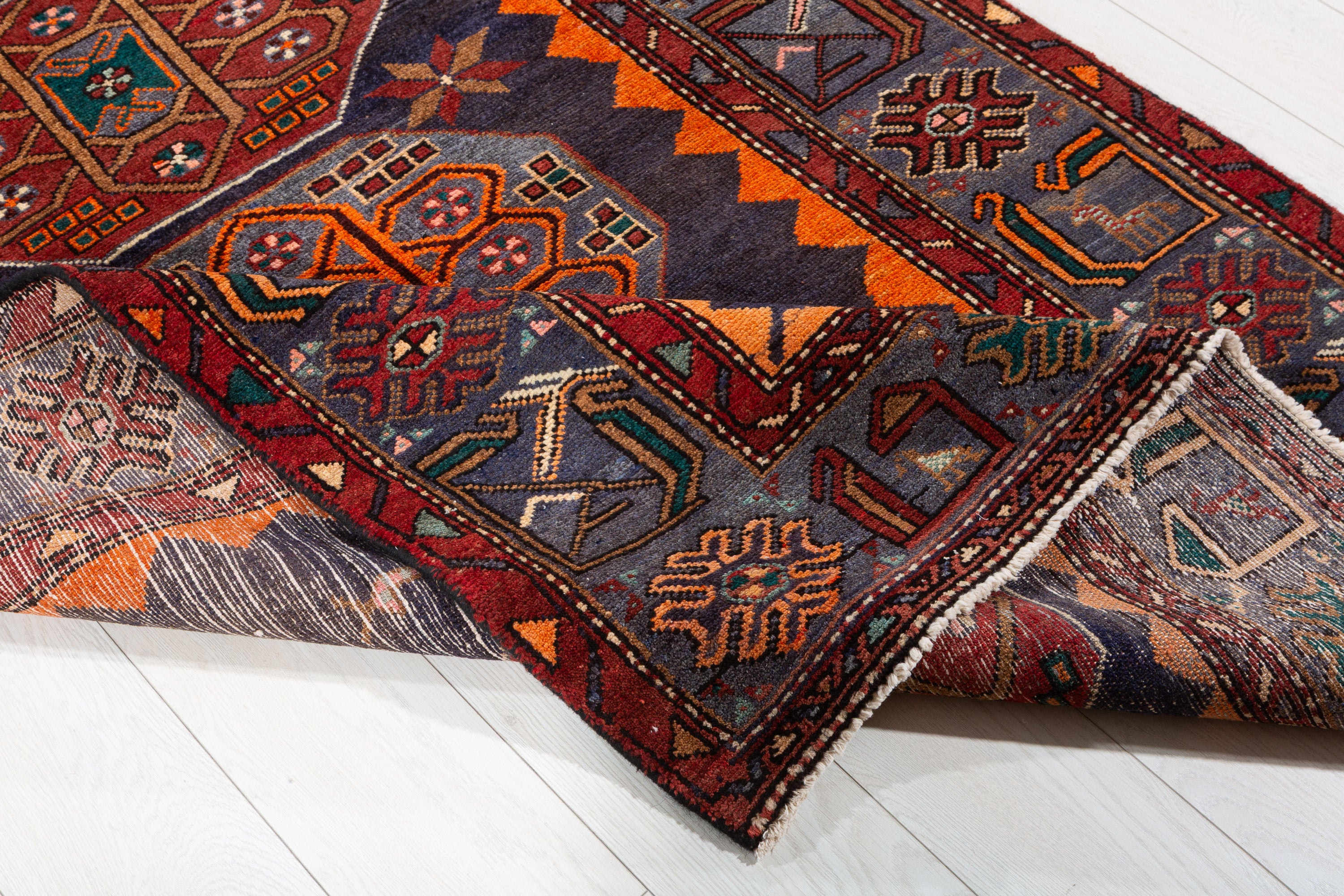 Collectible Vintage Navy Blue, Orange Triple Medallion Area Rug – 6' 9" x 4' 2" (207 x 127 cm)