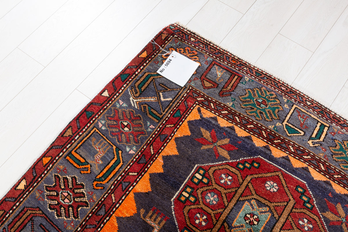 Collectible Vintage Navy Blue, Orange Triple Medallion Area Rug – 6' 9" x 4' 2" (207 x 127 cm)