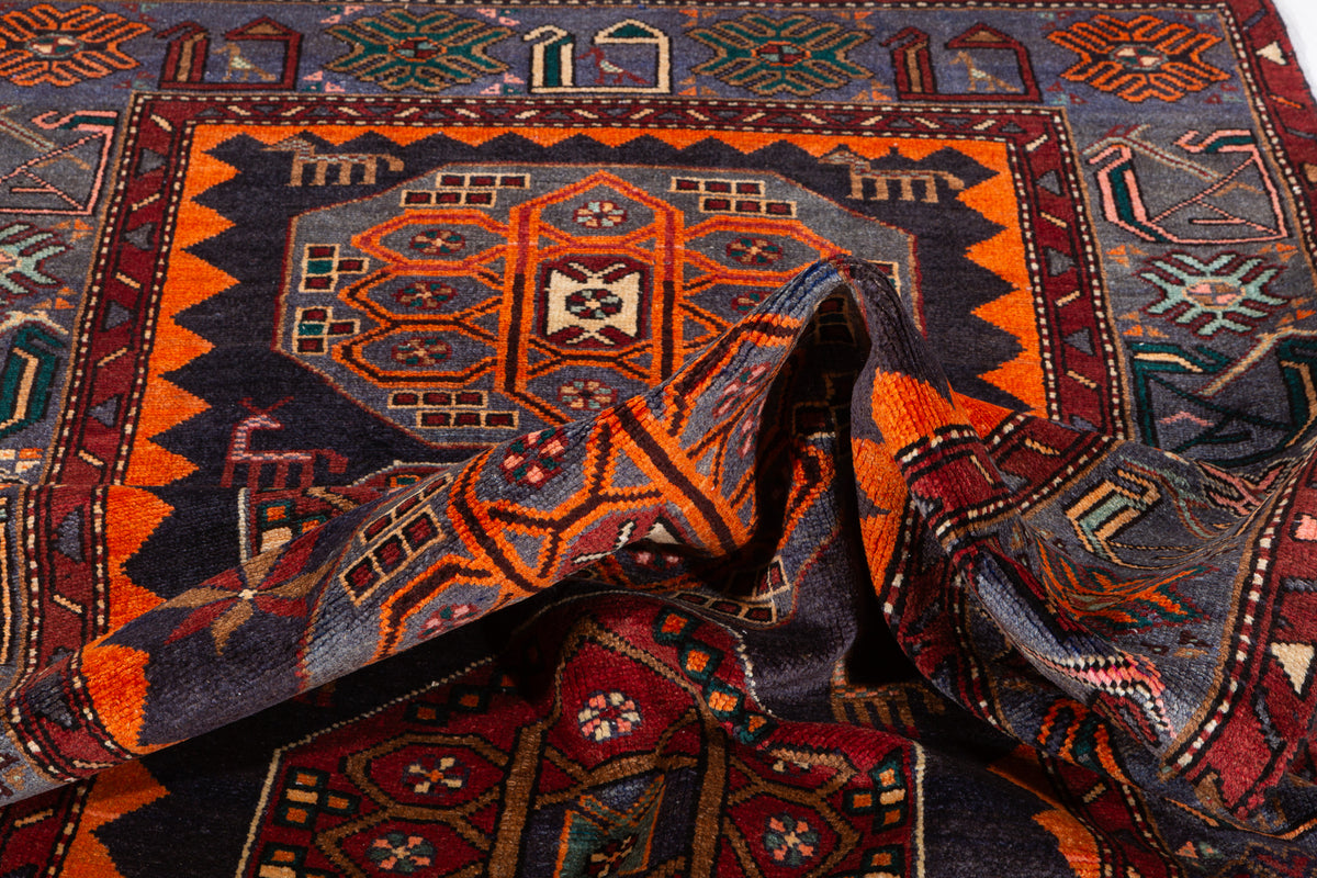 Collectible Vintage Navy Blue, Orange Triple Medallion Area Rug – 6' 9" x 4' 2" (207 x 127 cm)