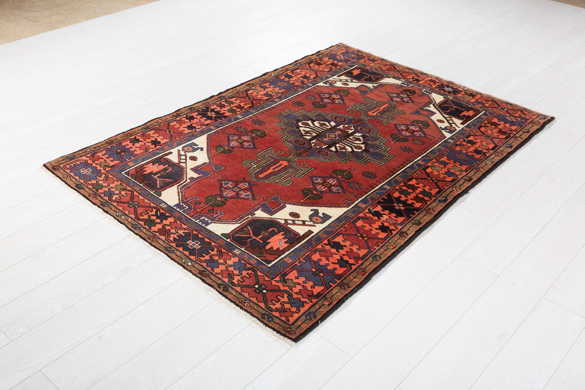 Vintage Rust Red, Navy Blue Central Medallion Area Rug – 6' 3" x 4' 3" (190 x 129 cm)