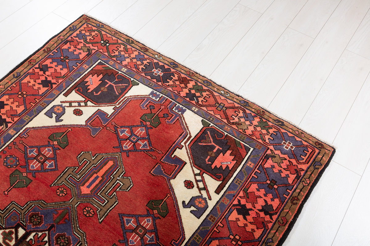 Vintage Rust Red, Navy Blue Central Medallion Area Rug – 6' 3" x 4' 3" (190 x 129 cm)
