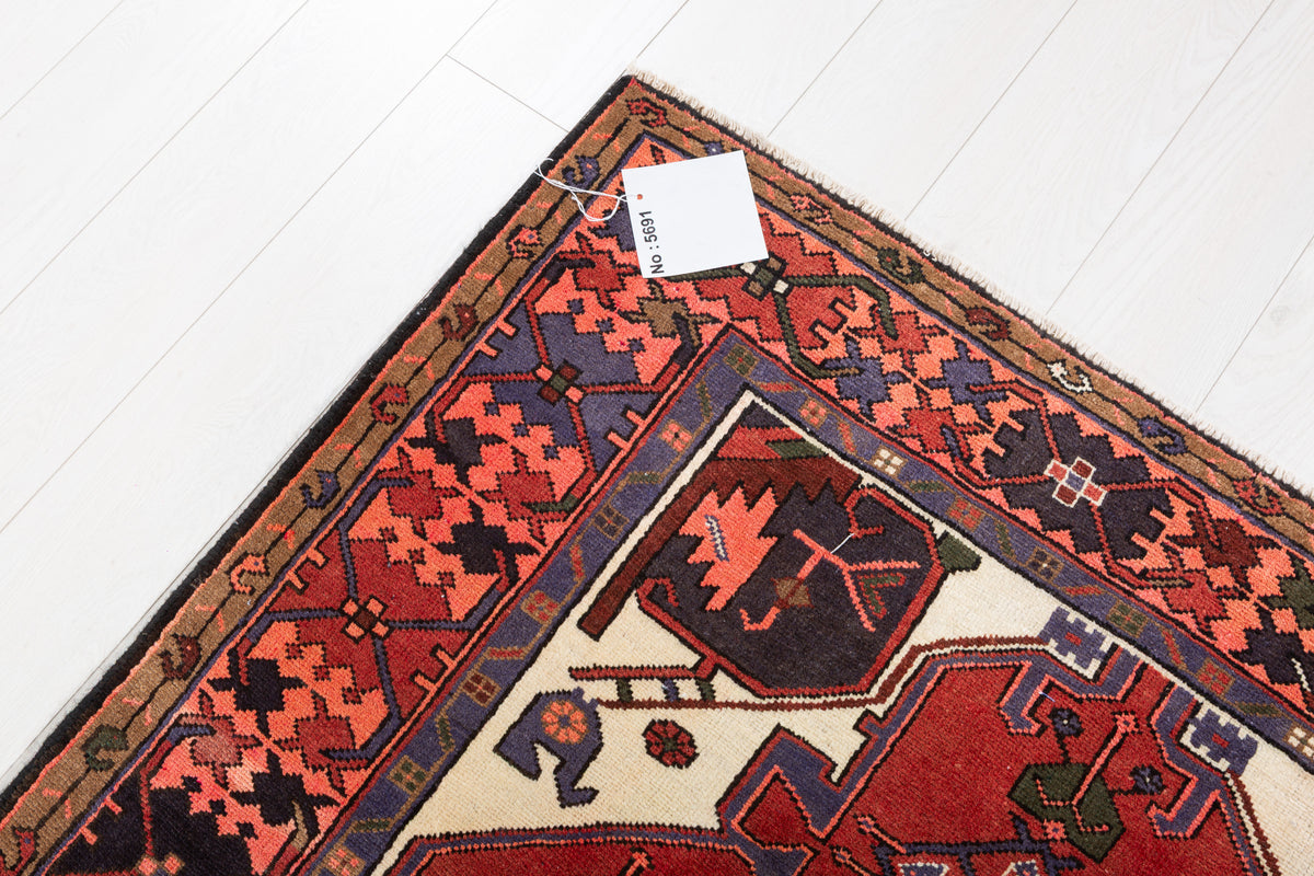 Vintage Rust Red, Navy Blue Central Medallion Area Rug – 6' 3" x 4' 3" (190 x 129 cm)
