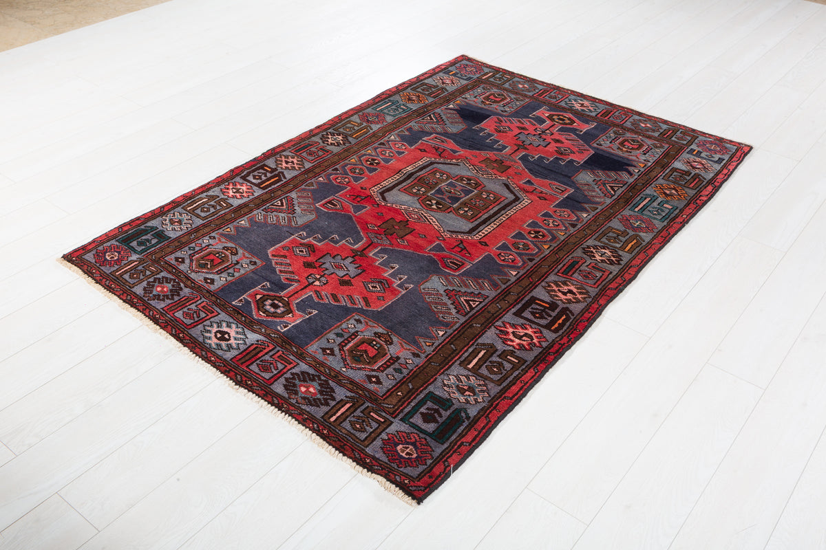 Collectible Vintage Navy Blue, Red Triple Medallion Area Rug – 6' 5" x 4' 3" (196 x 130 cm)