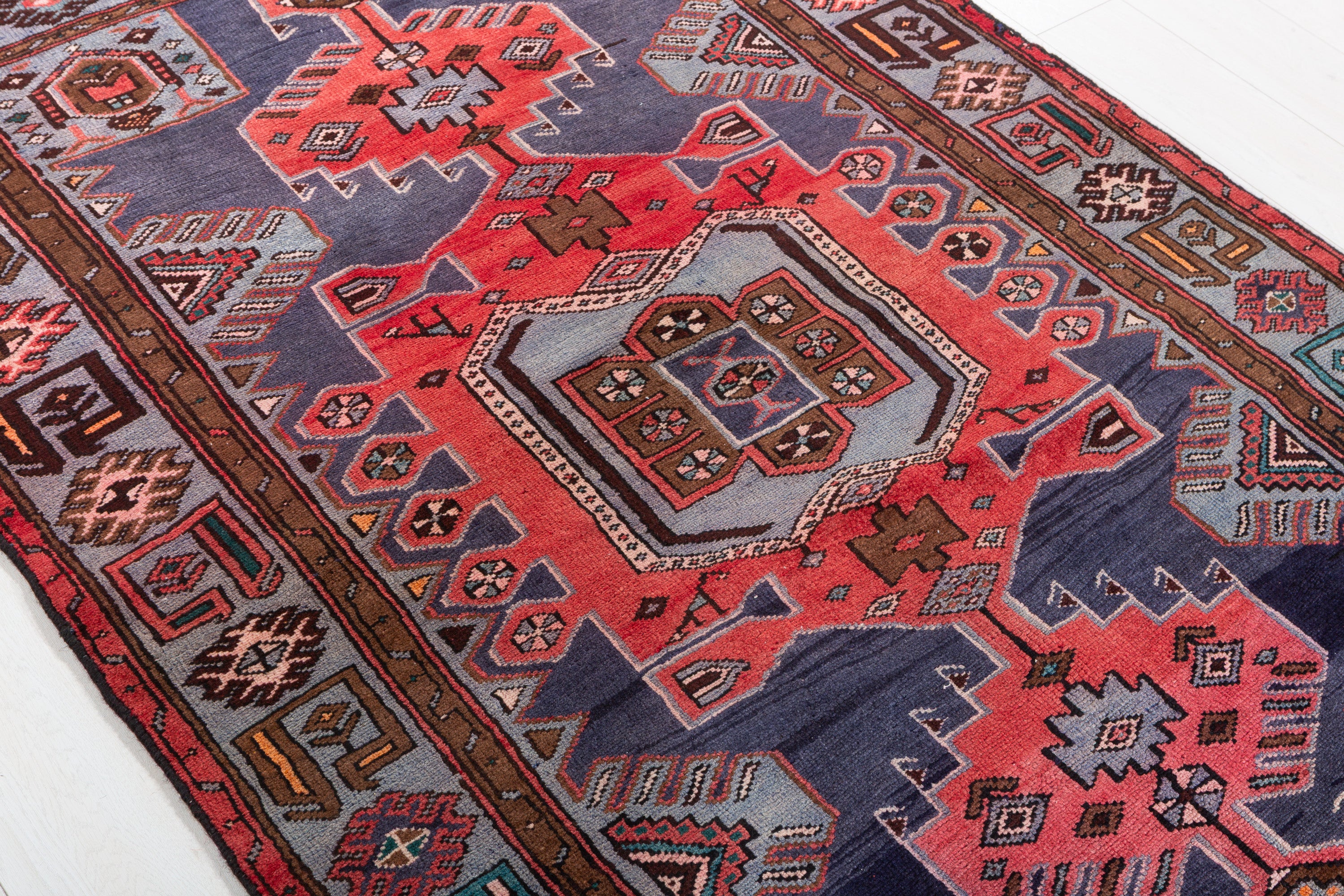 Collectible Vintage Navy Blue, Red Triple Medallion Area Rug – 6' 5" x 4' 3" (196 x 130 cm)