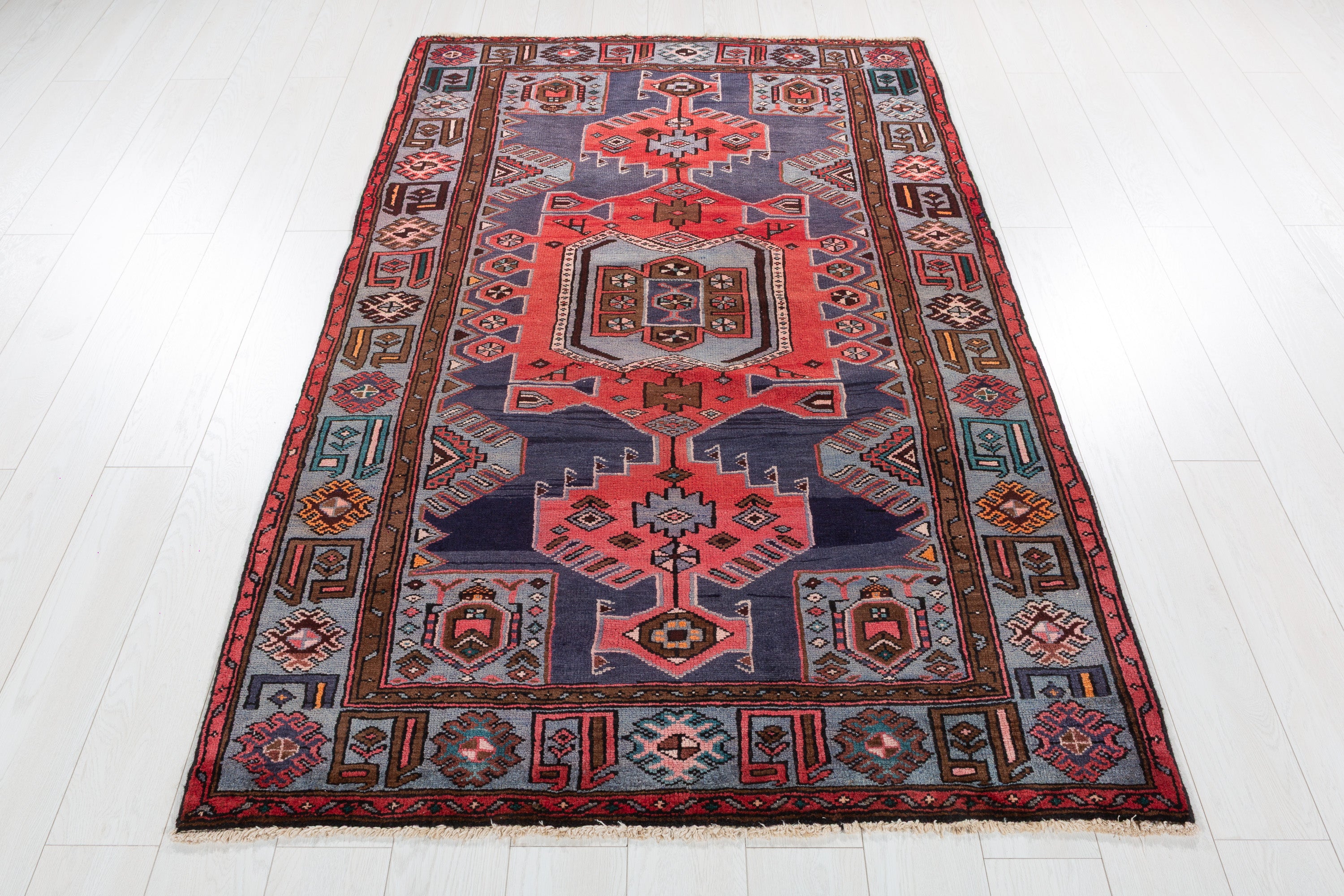 Collectible Vintage Navy Blue, Red Triple Medallion Area Rug – 6' 5" x 4' 3" (196 x 130 cm)