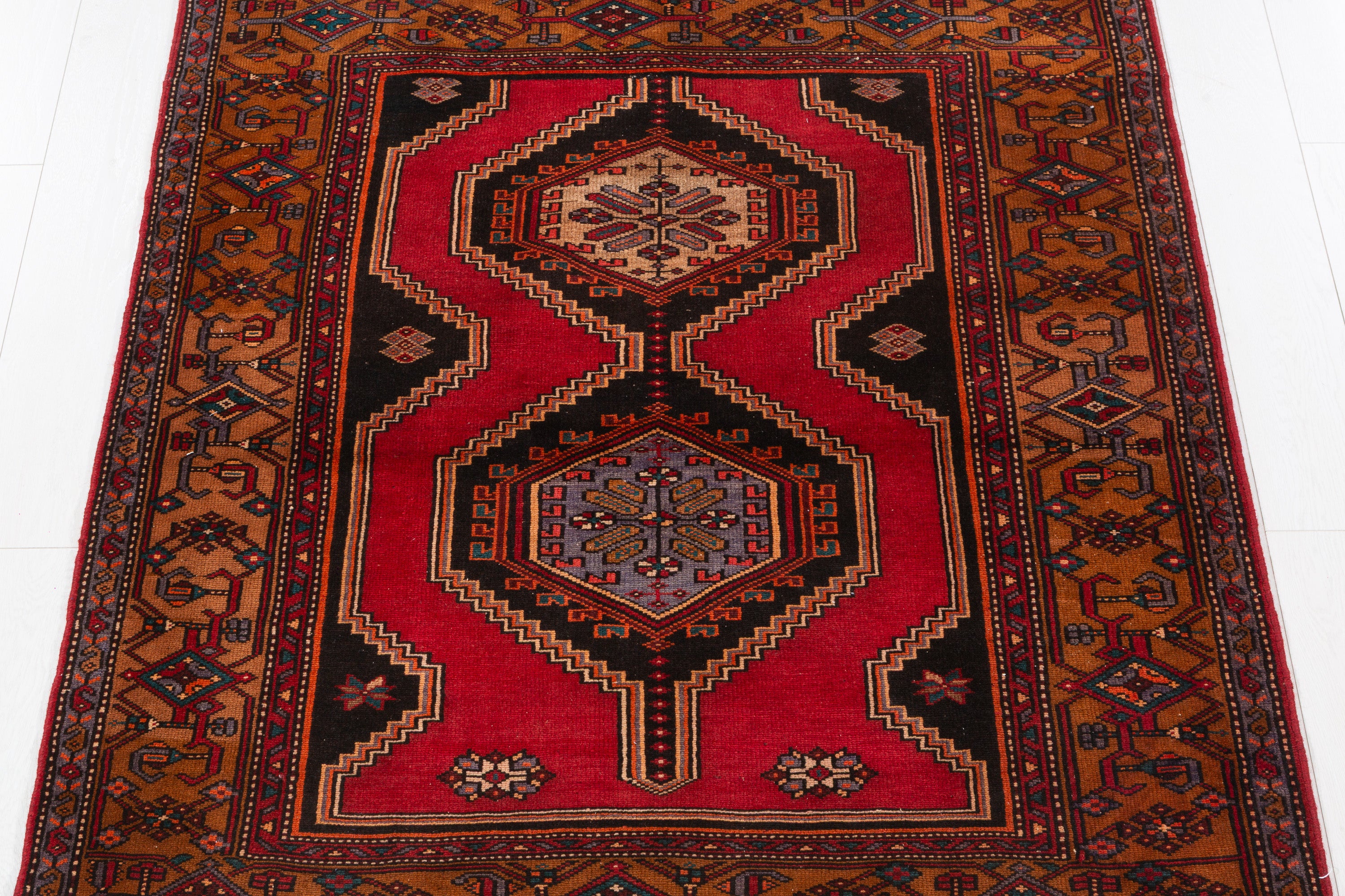 Collectible Vintage Red, Golden Brown Double Medallion Square Rug – 5' 0" x 4' 4" (152 x 131 cm)