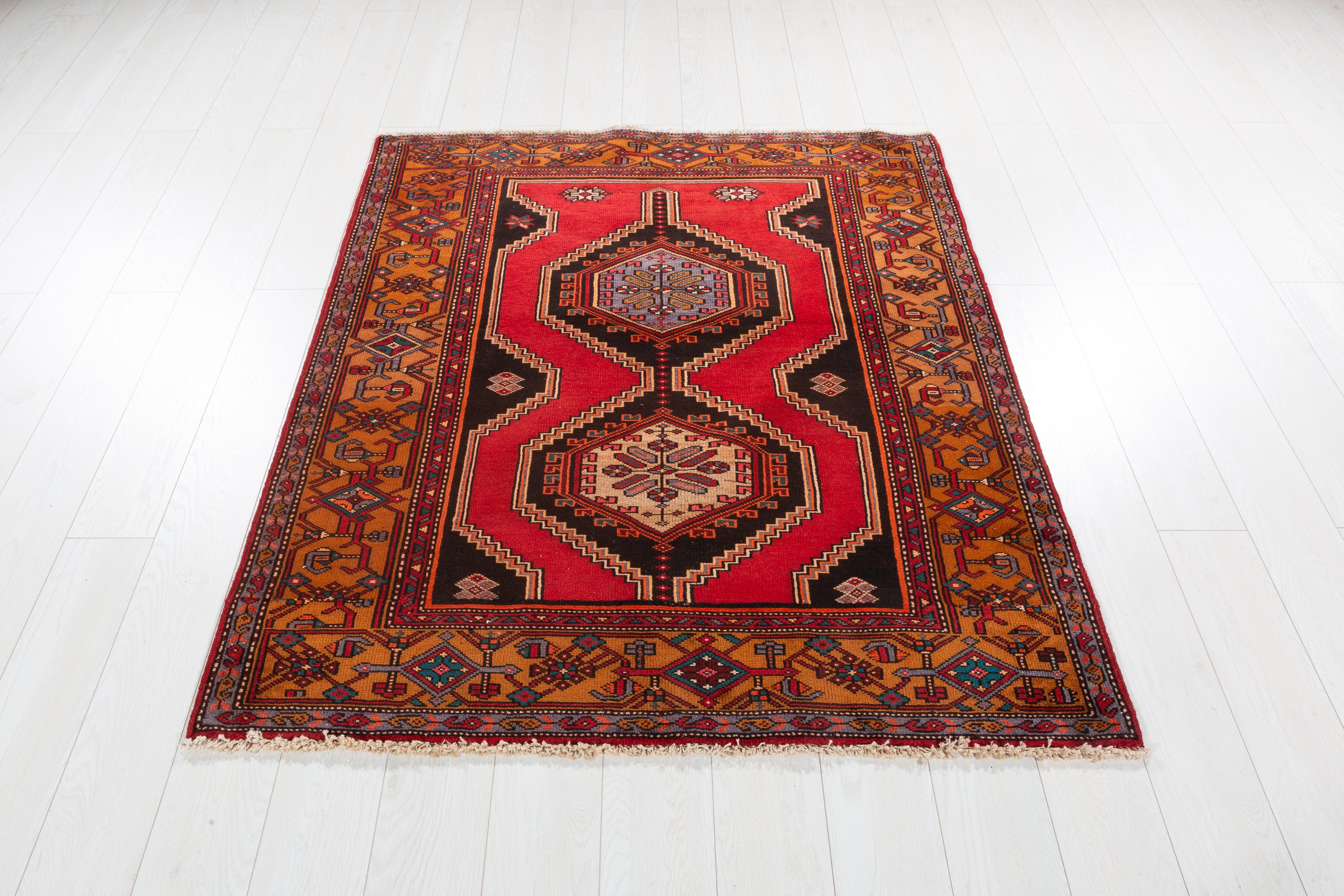 Collectible Vintage Red, Golden Brown Double Medallion Square Rug – 5' 0" x 4' 4" (152 x 131 cm)