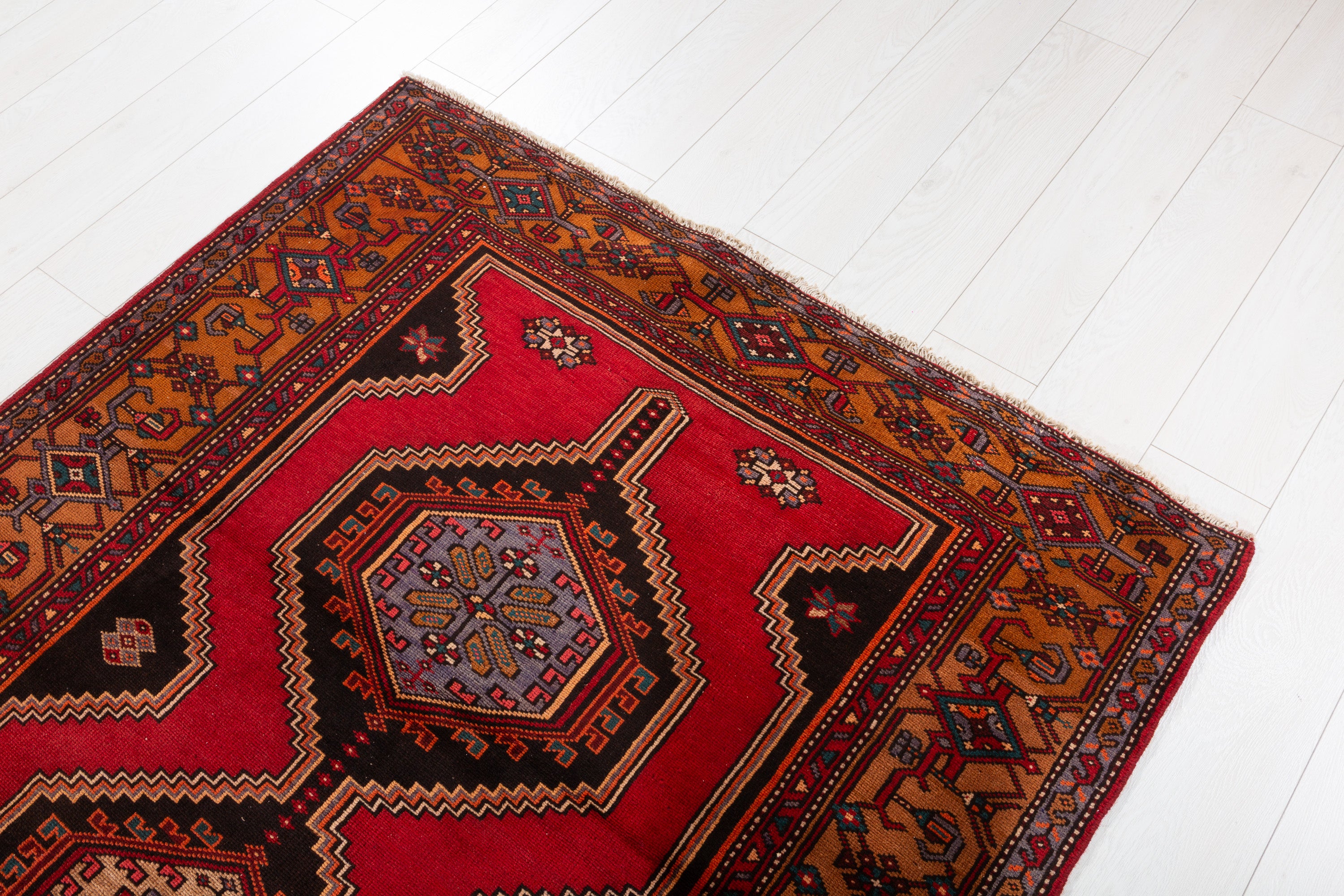 Collectible Vintage Red, Golden Brown Double Medallion Square Rug – 5' 0" x 4' 4" (152 x 131 cm)