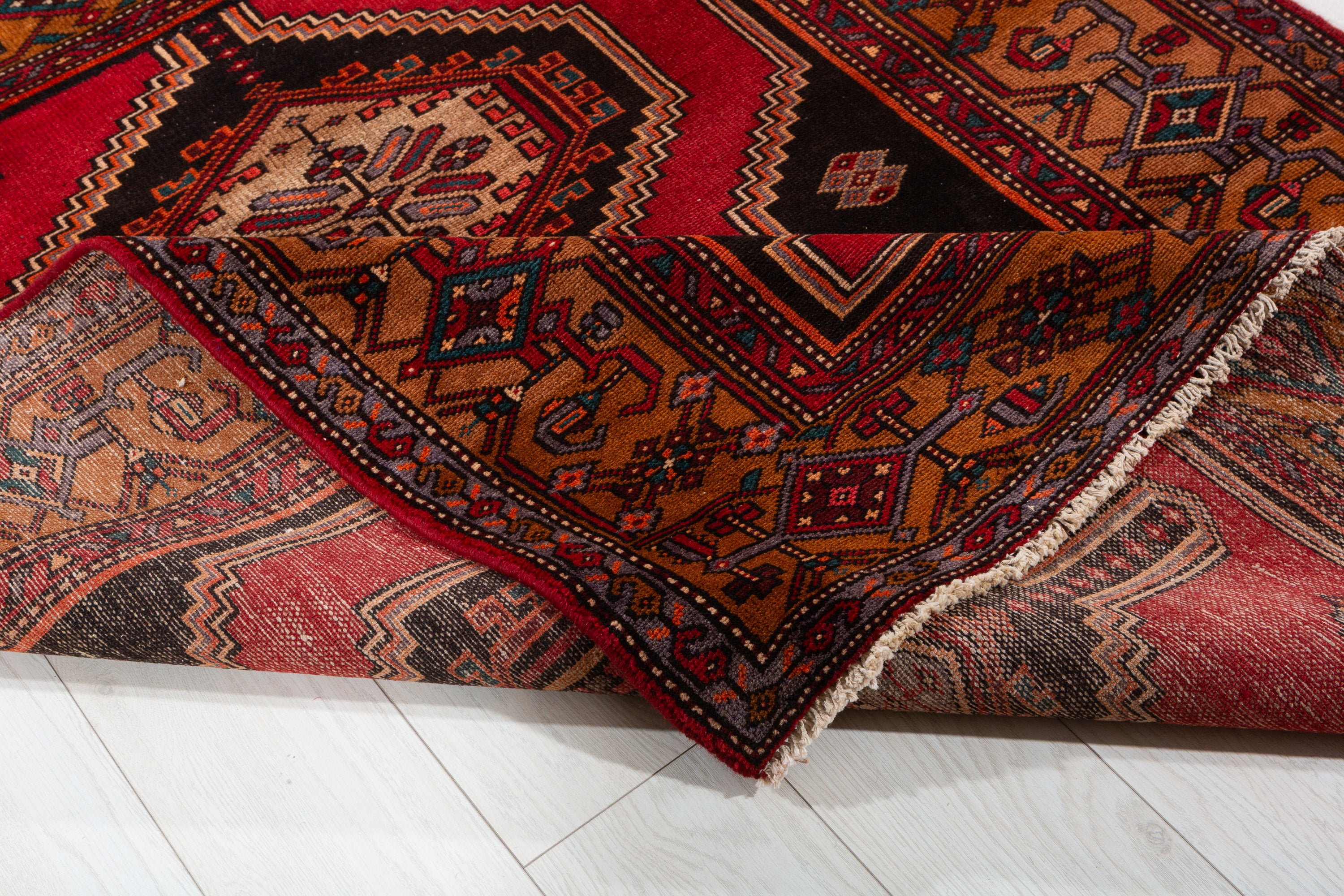 Collectible Vintage Red, Golden Brown Double Medallion Square Rug – 5' 0" x 4' 4" (152 x 131 cm)