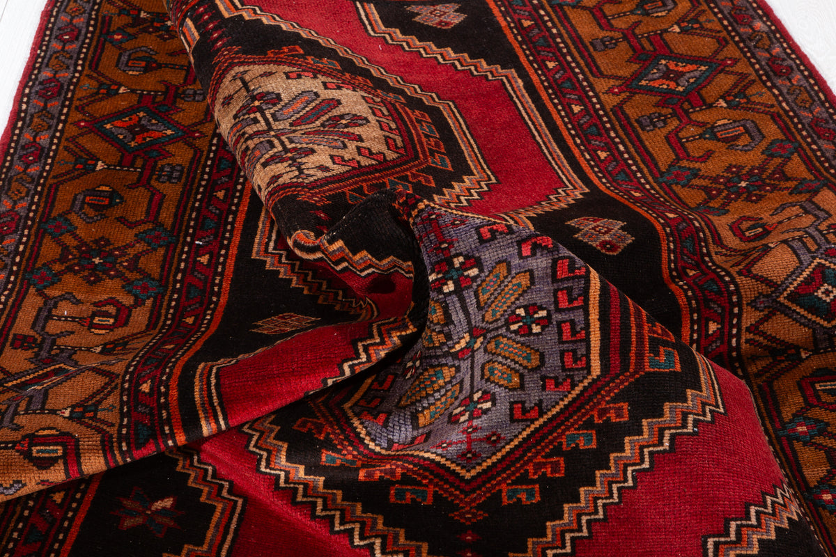 Collectible Vintage Red, Golden Brown Double Medallion Square Rug – 5' 0" x 4' 4" (152 x 131 cm)