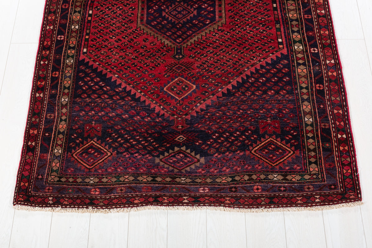 Vintage Rust Red, Navy Blue Geometric Medallion Area Rug – 7' 0" x 4' 5" (214 x 134 cm)