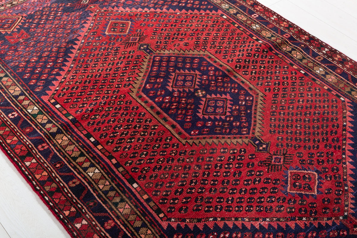 Vintage Rust Red, Navy Blue Geometric Medallion Area Rug – 7' 0" x 4' 5" (214 x 134 cm)