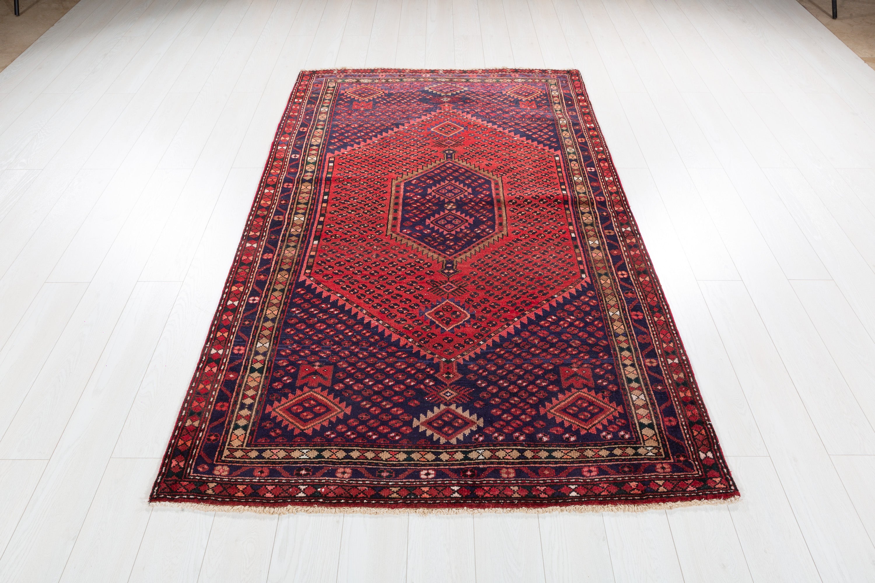 Vintage Rust Red, Navy Blue Geometric Medallion Area Rug – 7' 0" x 4' 5" (214 x 134 cm)