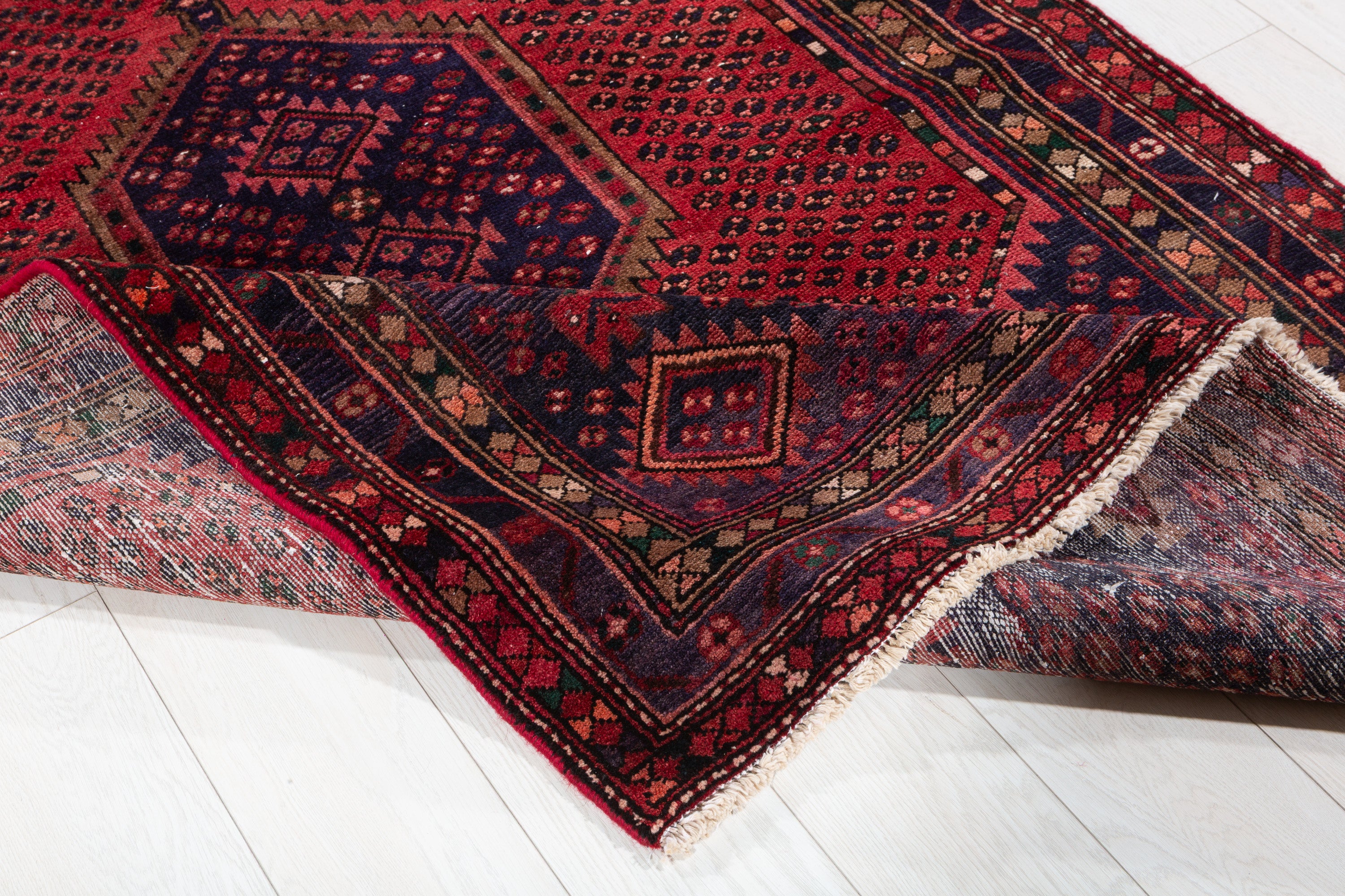 Vintage Rust Red, Navy Blue Geometric Medallion Area Rug – 7' 0" x 4' 5" (214 x 134 cm)
