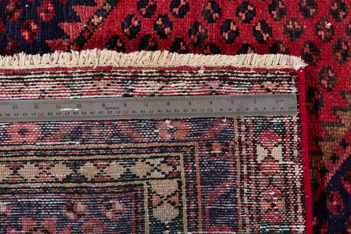 Vintage Rust Red, Navy Blue Geometric Medallion Area Rug – 7' 0" x 4' 5" (214 x 134 cm)