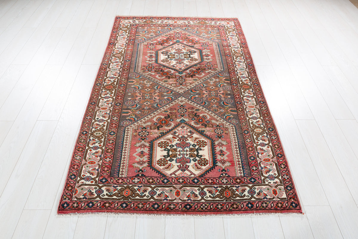 Collectible Vintage Rust Red, Gray Double Medallion Area Rug – 6' 9" x 4' 2" (206 x 128 cm)