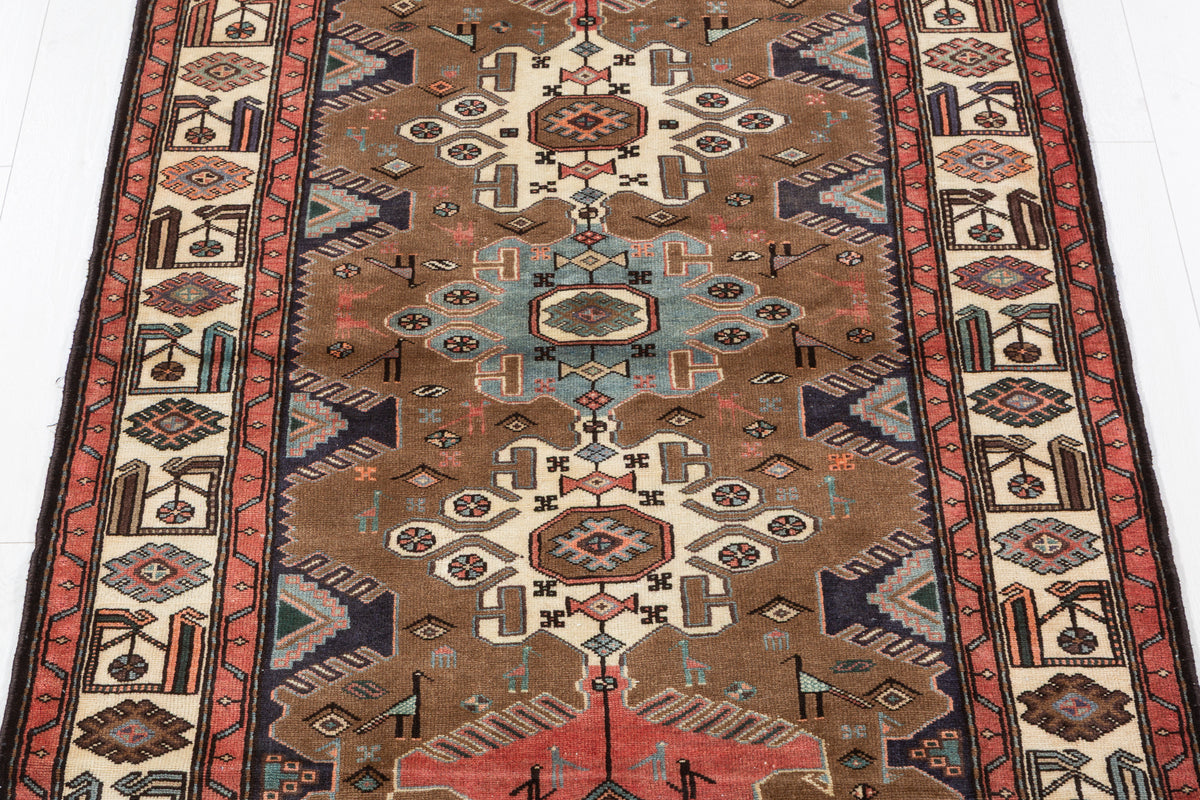 Collectible Vintage Brown, Coral Triple Medallion Area Rug – 7' 1" x 4' 1" (215 x 124 cm)