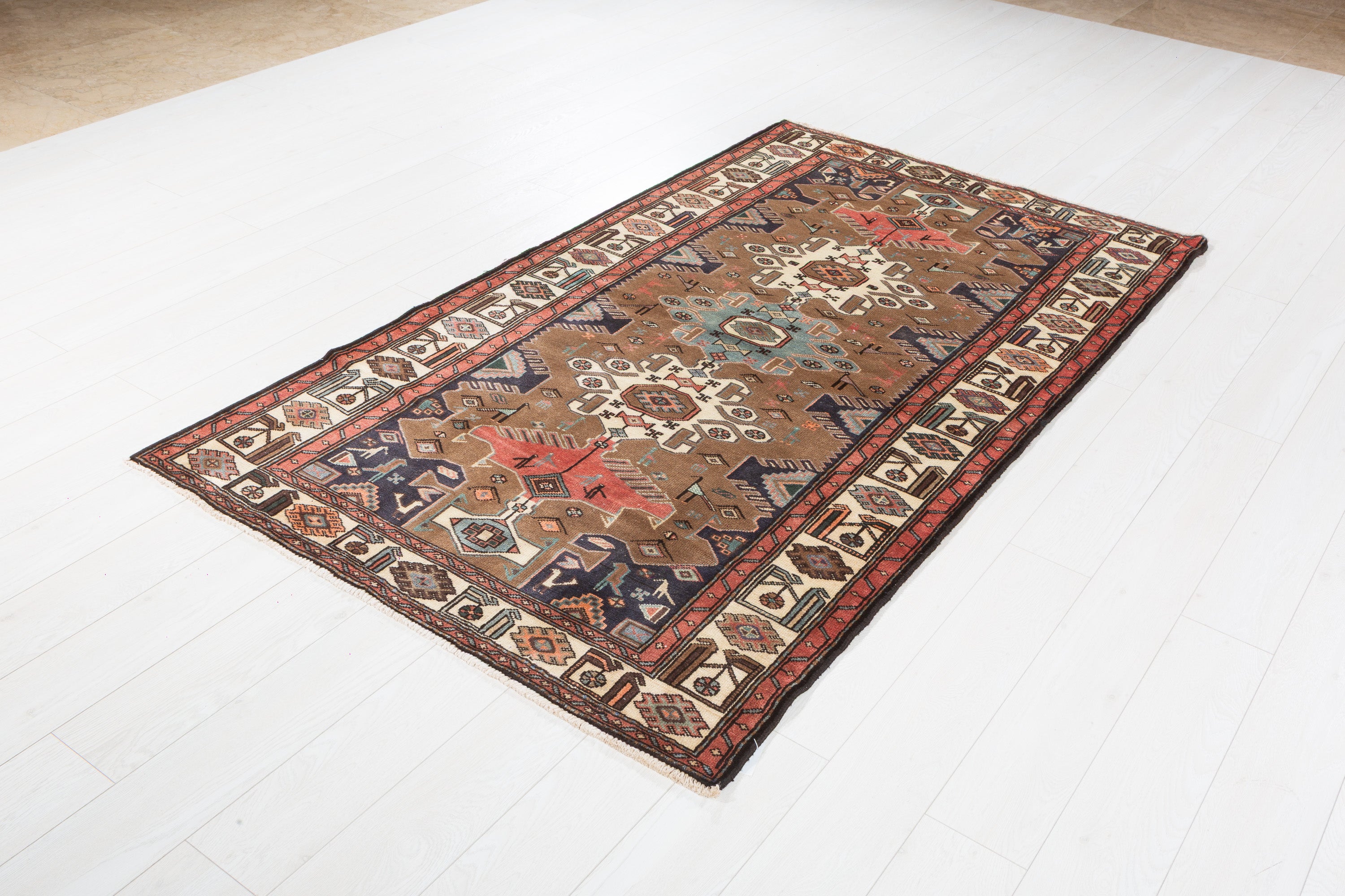Collectible Vintage Brown, Coral Triple Medallion Area Rug – 7' 1" x 4' 1" (215 x 124 cm)