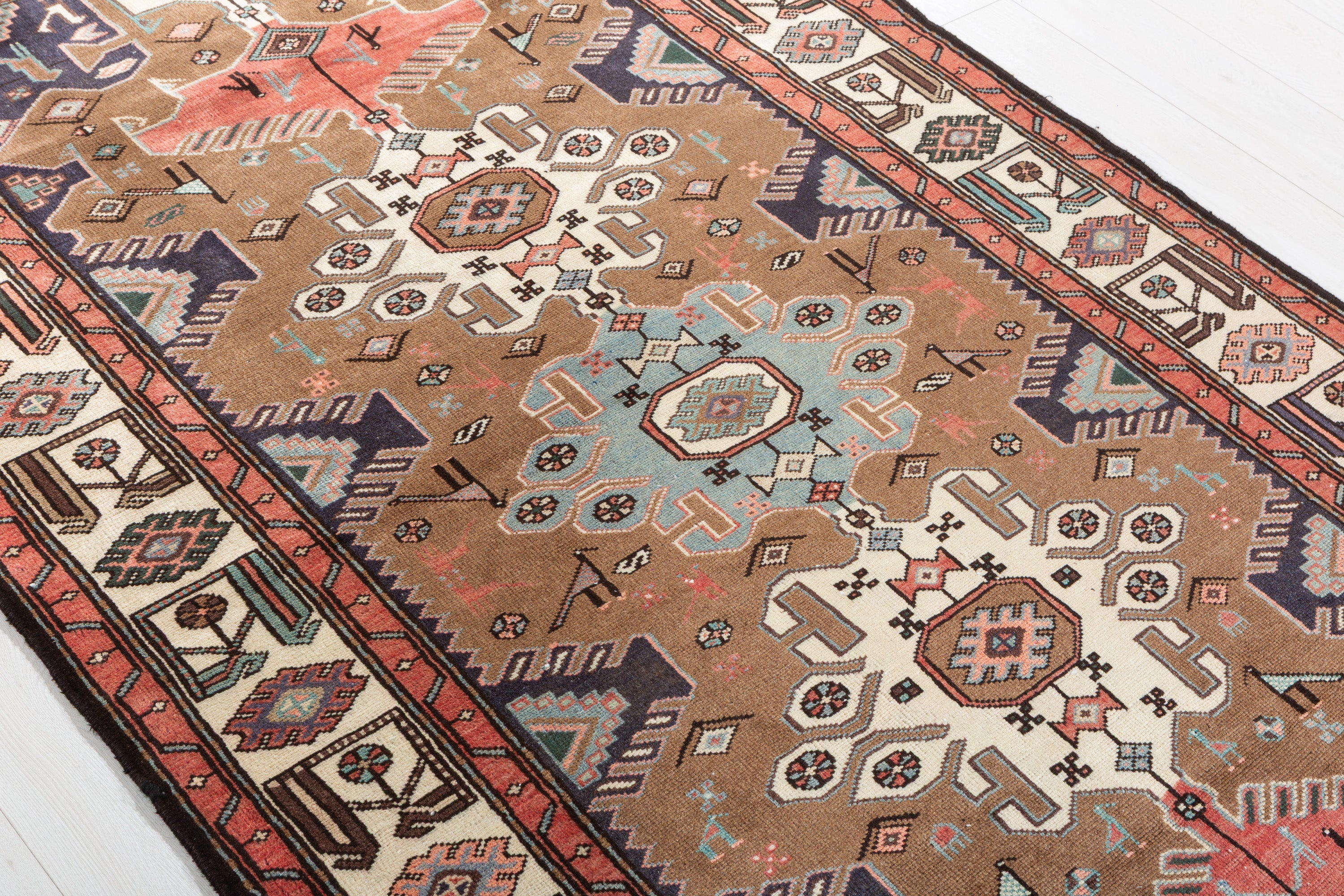 Collectible Vintage Brown, Coral Triple Medallion Area Rug – 7' 1" x 4' 1" (215 x 124 cm)