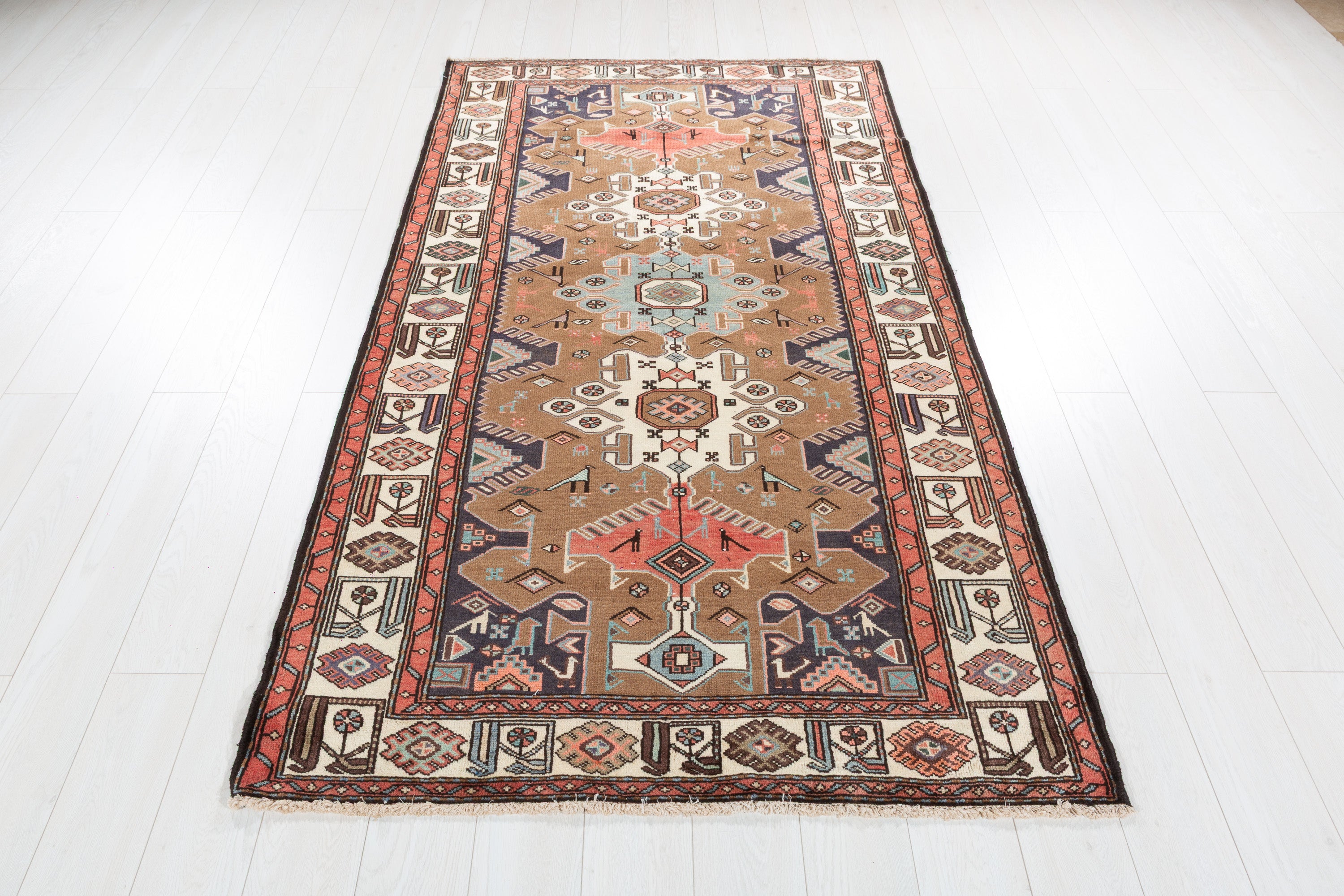 Collectible Vintage Brown, Coral Triple Medallion Area Rug – 7' 1" x 4' 1" (215 x 124 cm)