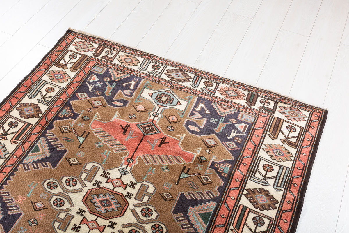 Collectible Vintage Brown, Coral Triple Medallion Area Rug – 7' 1" x 4' 1" (215 x 124 cm)