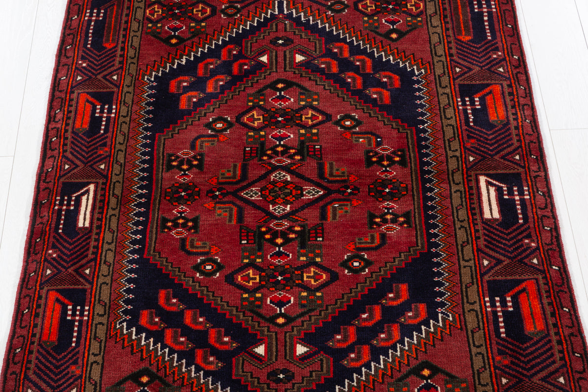 Vintage Rust Red, Navy Blue Hexagonal Medallion Area Rug – 6' 7" x 4' 0" (201 x 122 cm)