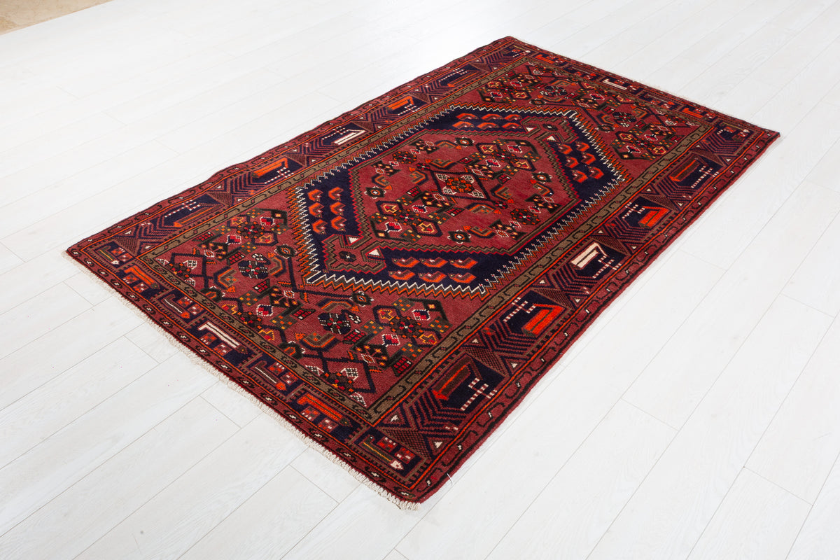 Vintage Rust Red, Navy Blue Hexagonal Medallion Area Rug – 6' 7" x 4' 0" (201 x 122 cm)