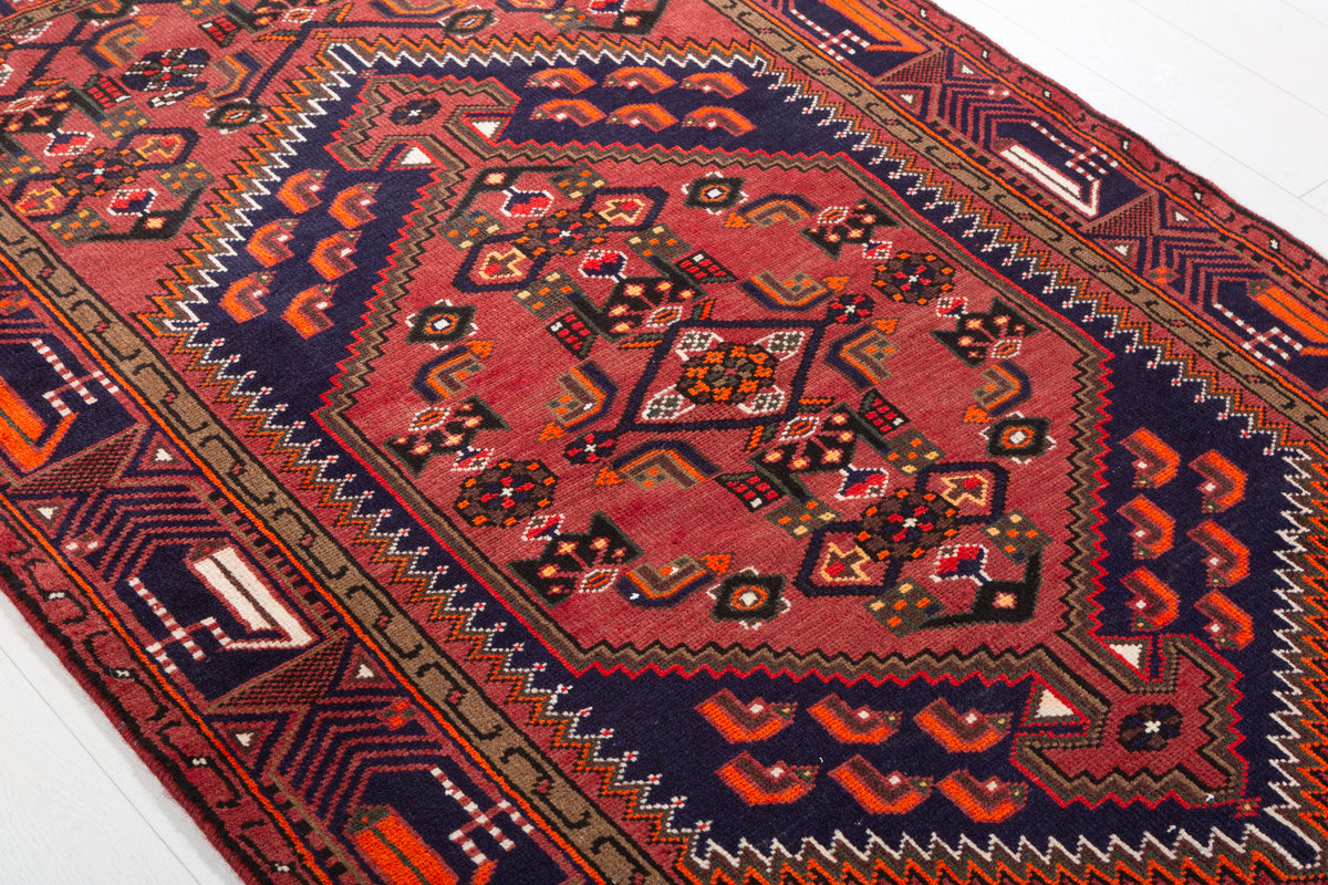 Vintage Rust Red, Navy Blue Hexagonal Medallion Area Rug – 6' 7" x 4' 0" (201 x 122 cm)